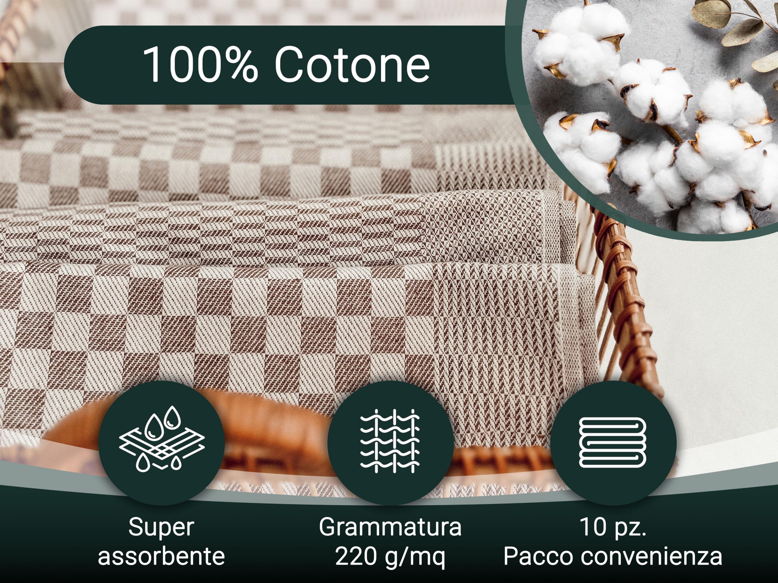 ZOLLNER 10 Strofinacci, 100% Cotone, 46x70 cm - Super assorbenti e robusti canovacci - Lavabili a 60°C - qualità gastronomica - certificati Oeko-Tex®, a quadretti marroni