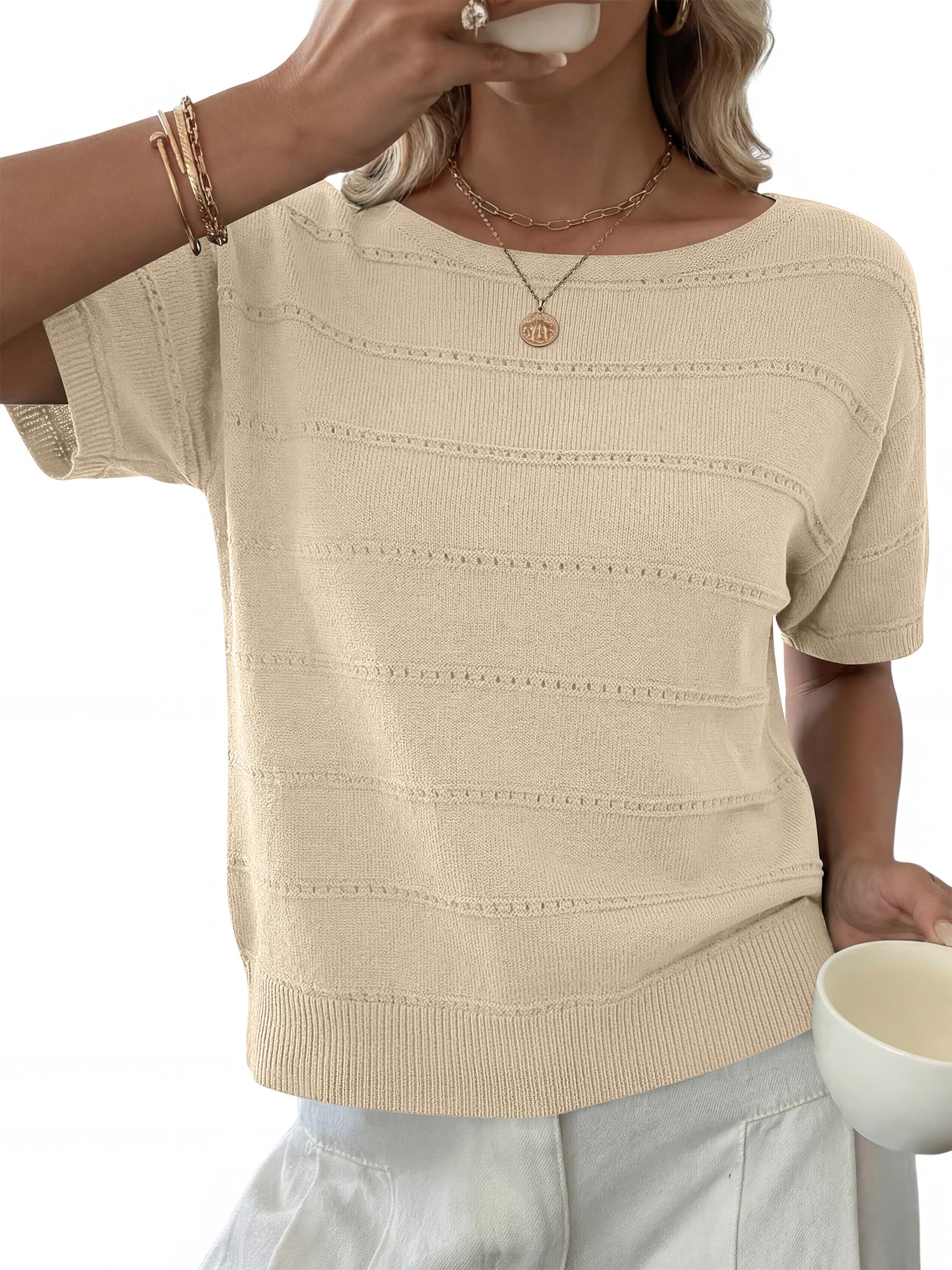 Womens Short Sleeve Sweater Crochet Boat Neck Lightweight Business Casual Tops 2026 Summer Beach Vacation Clothes-image-37