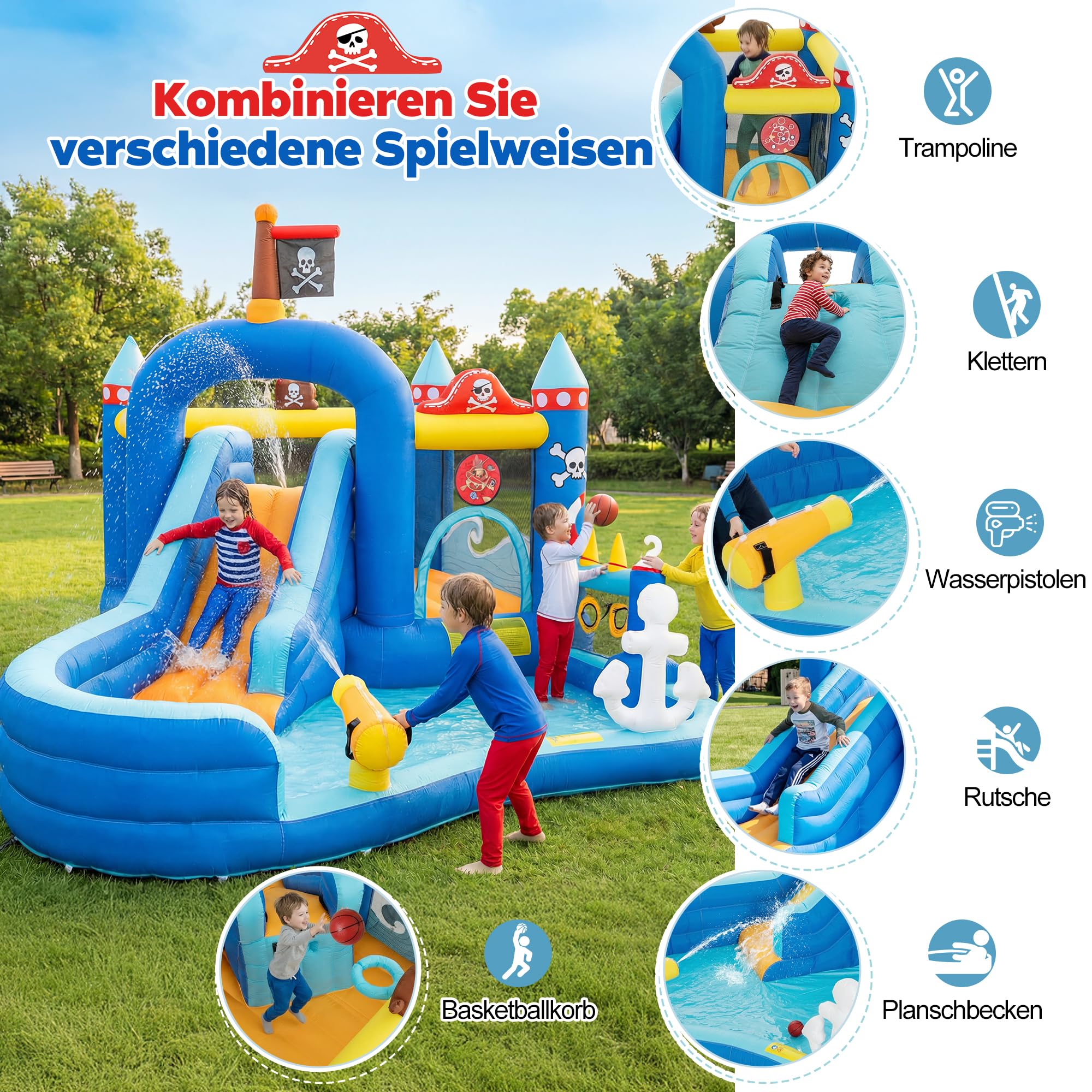 UEV Aufblasbare Hüpfburg XXL Indoor & Outdoor mit Gebläse 450W, EN71-1/2/3 | extra breiter Wasserrutsche, für Kleinkinder (3-8Jahre), Kindergeburtstag, 444x348x260 cm