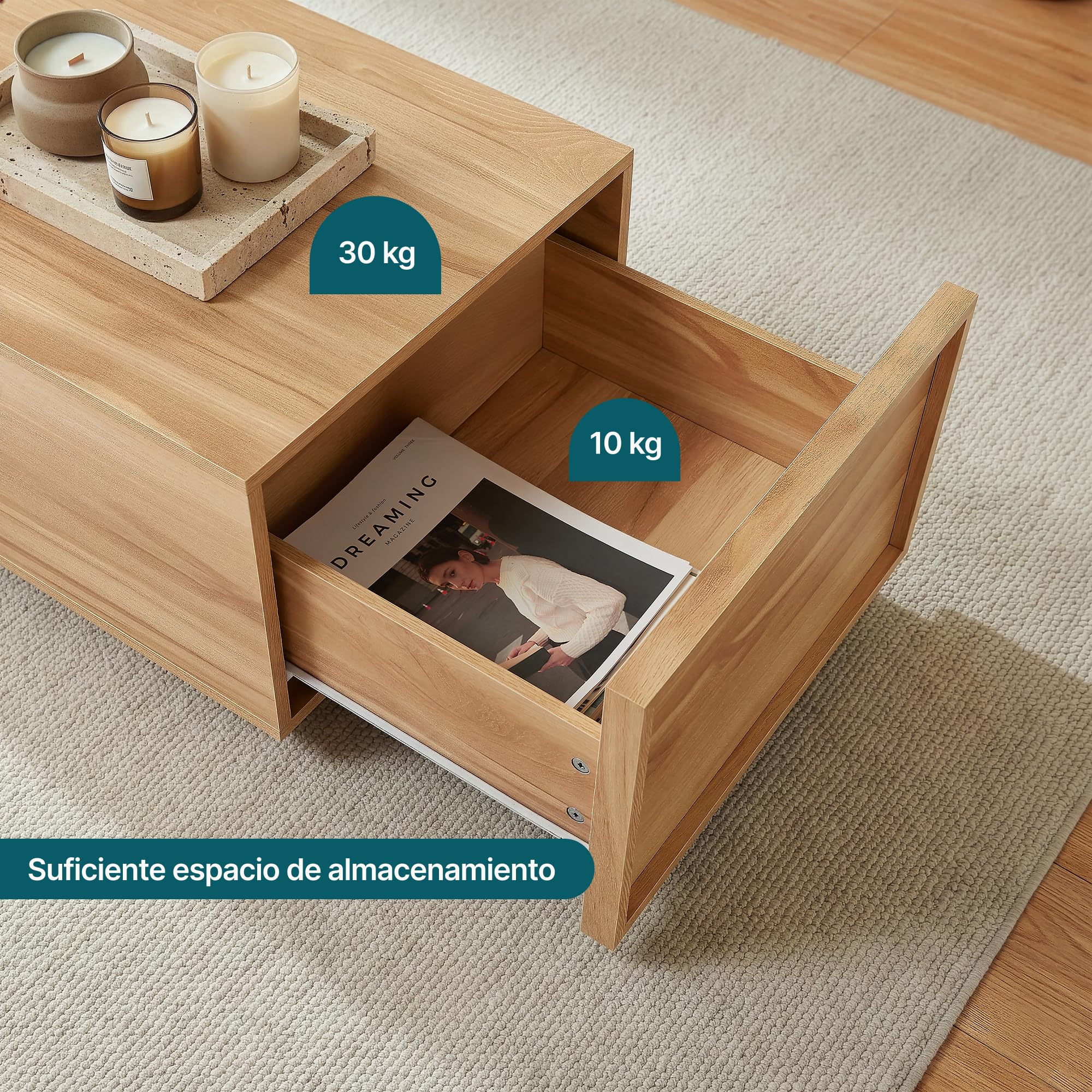 [en.casa] Mesa de Centro Turur con 2 Cajones y Tablero Rectangular Mesita de Café Mesa Auxiliar de Sofá Salón Despacho MDF Aglomerado 104 x 50 x 40 cm - Efecto Roble