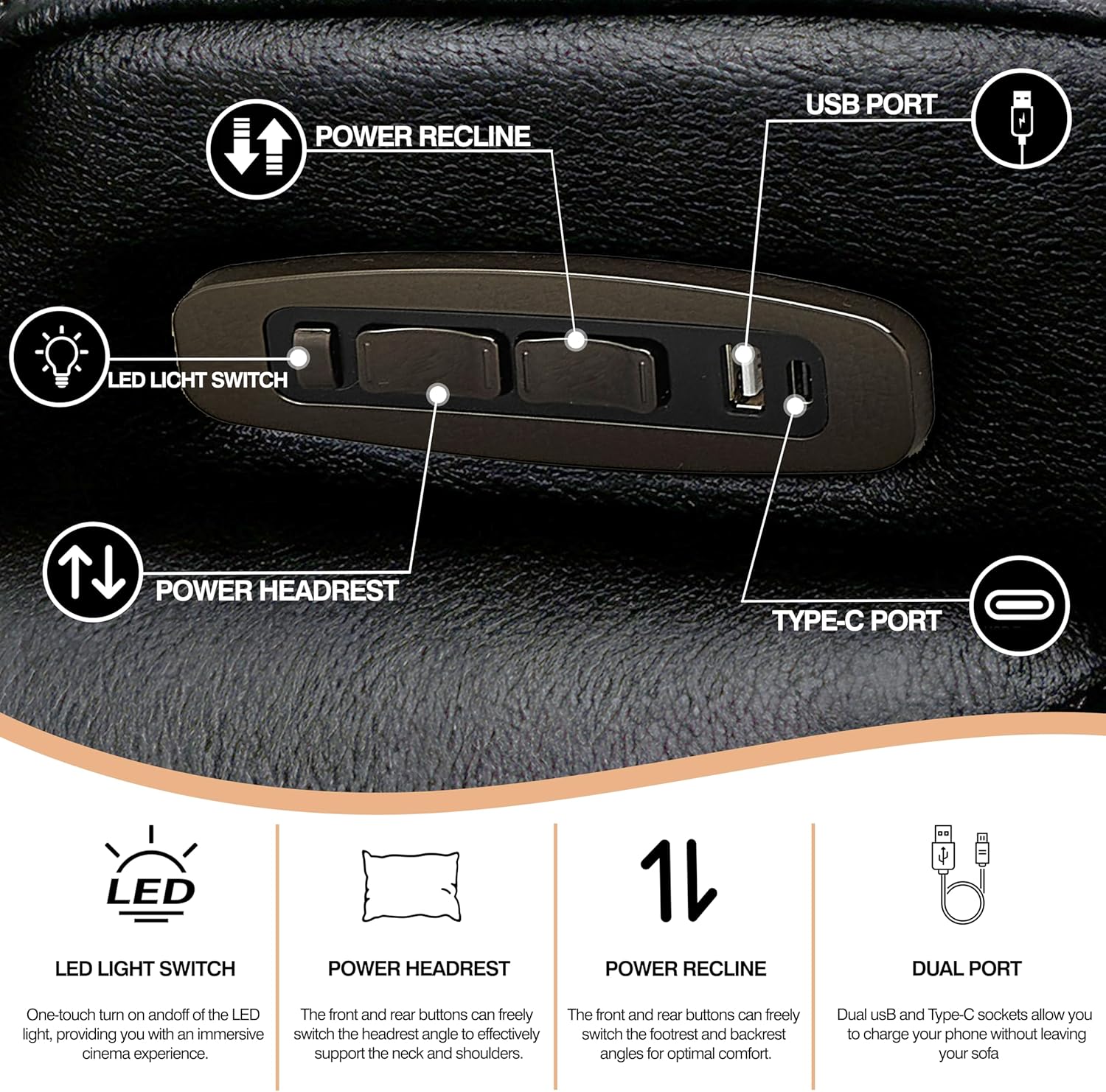 THSUPER Power Black Leather L Shaped Recliner Sofa Couch Sets with Arm Storage and Power Headrest for Living Room, Leather Reclining Living Room Furniture Set with Bluetooth Speaker. | Breathable material, LED ambient light, USB and Type-C port, Easy to Assemble, Cup Holders