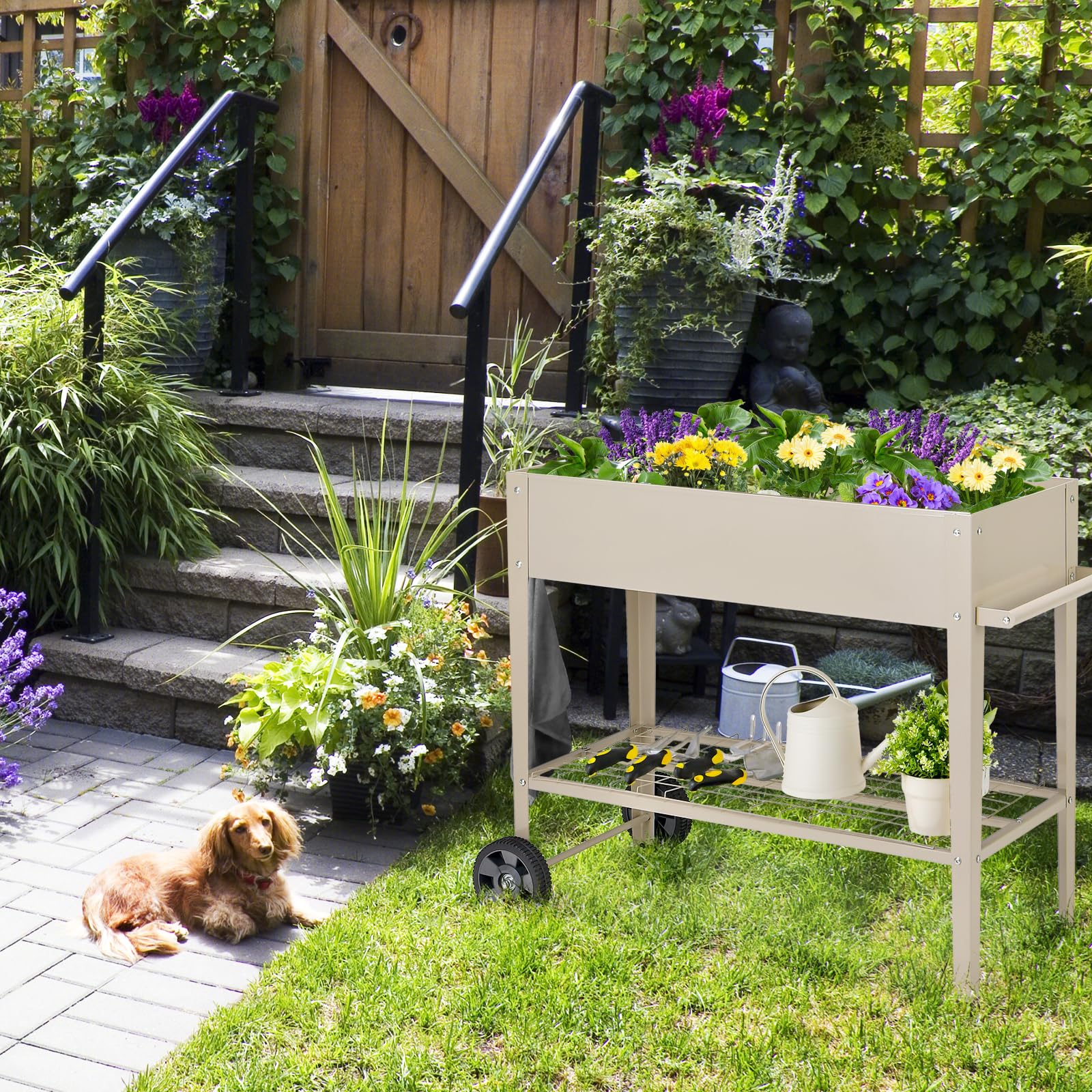 HOMASIS Cama Elevada para Jardín con 2 Ruedas, Maceta Grande Elevada de Metal con 2 Ganchos, Maceta Móvil para Verduras, Flores, Hierbas, Patio, 95 x 40 x 80 cm (Beige)