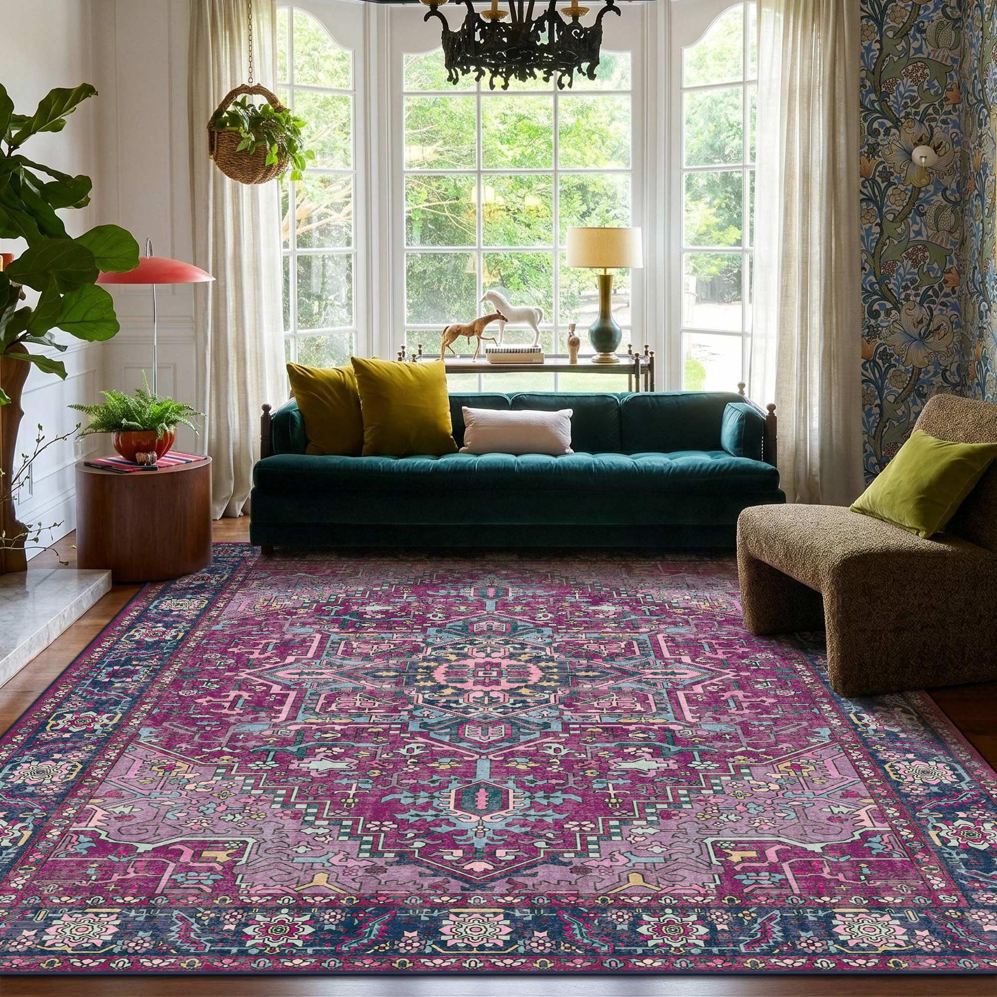 9x12 Plum Purple and Navy Blue Vintage Boho Oriental Soft Washable Area Rug