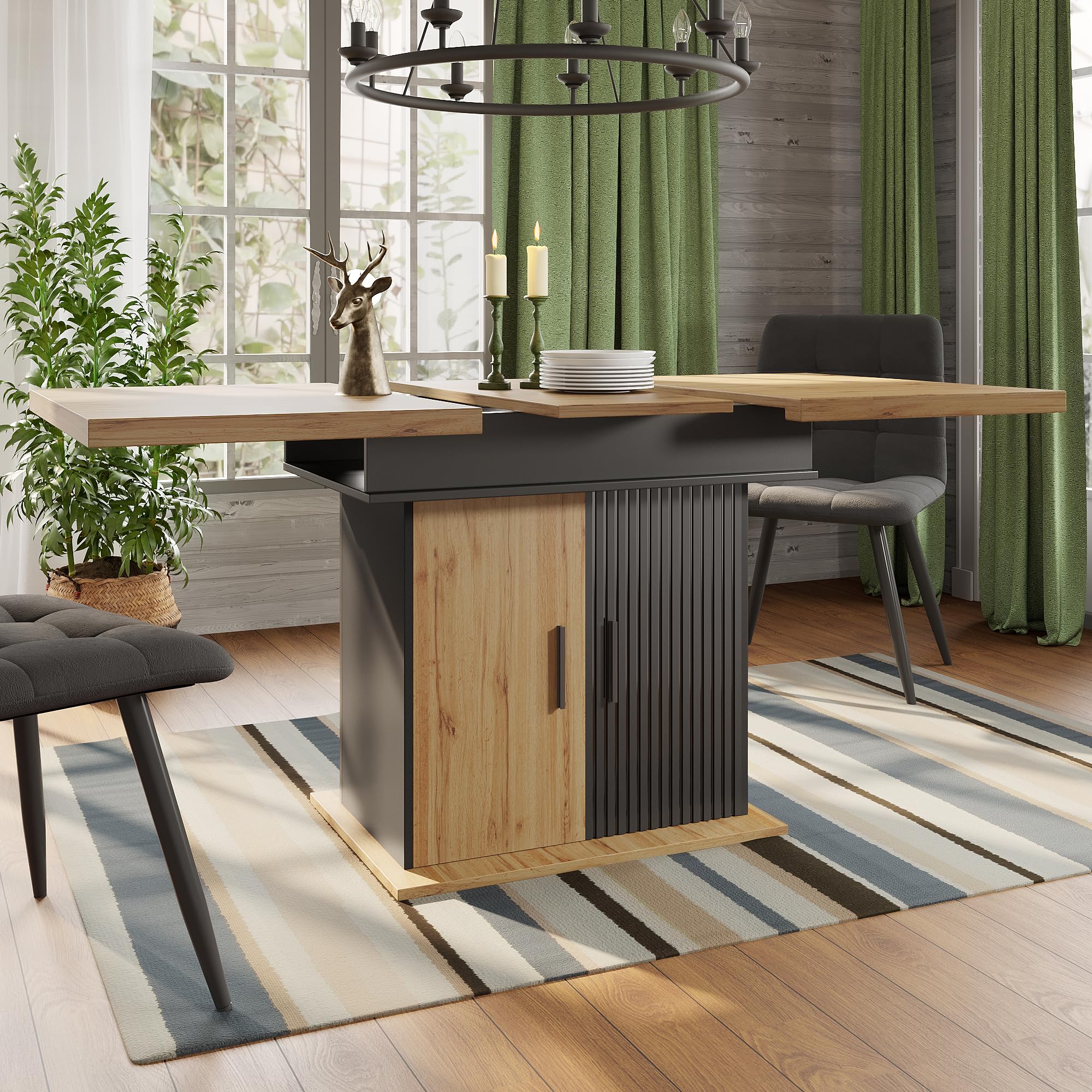 Jaxenor Extendable Dining Table 4-6 Seater, 110-140cm, Extending Dining Table with Adjustable Shelves, Retro-Style Kitchen Table for Living Room, Dining Room, Restaurant, Black+Natural