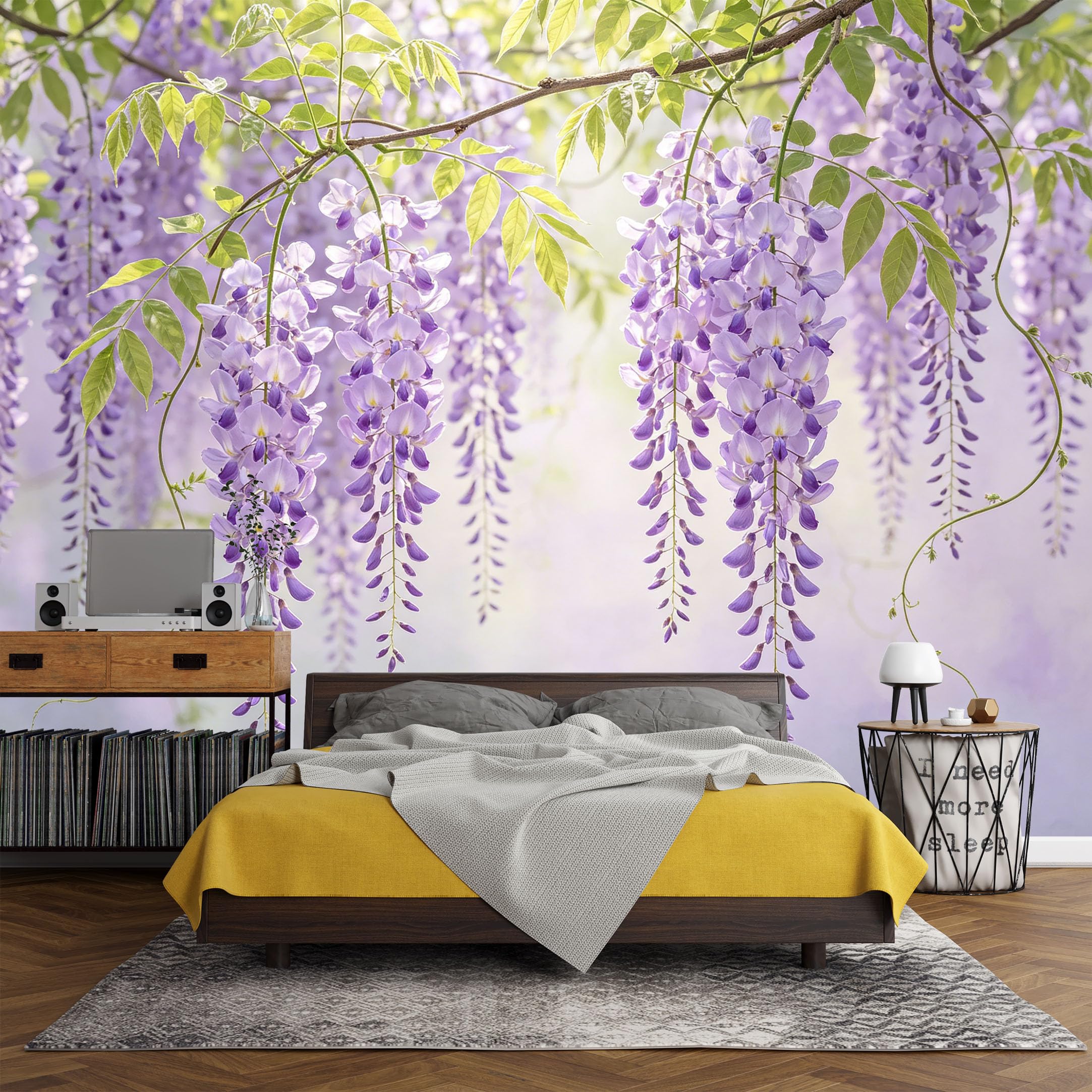 Custom Size Wall Mural， Botanical Purple Wisteria Flower Vine Watercolor，SelfAdhesive Art Prints wall Fabric (No PVC) Removable Wallpaper Living Room Decor