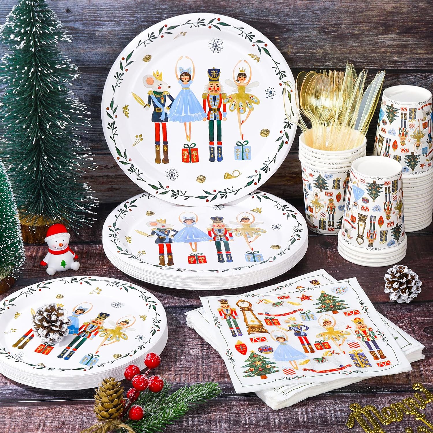 JarThenaAMCS 175Pcs Christmas Party Supplies Kit Watercolor Nutcracker Tableware Set Xmas Winter Disposable Dinnerware Paper Napkin Plate Cup Plastic Fork Knives Spoon for 25 Guests Party Favor