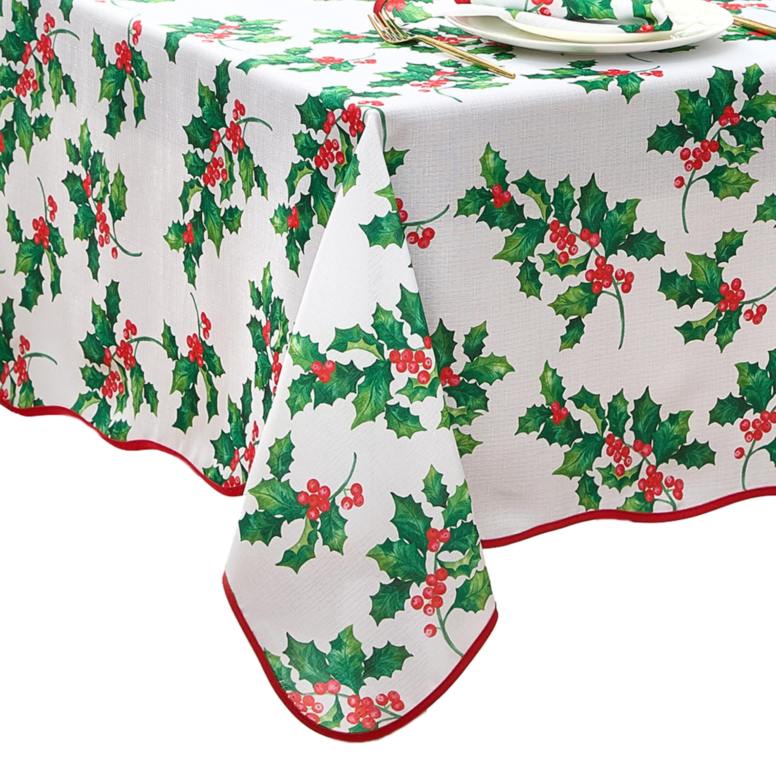 Elrene Home Fashions Vintage Holly Scalloped Edge Border Christmas/Holiday Wrinkle Resistant Rectangle Dining Tablecloth, 60"x84"