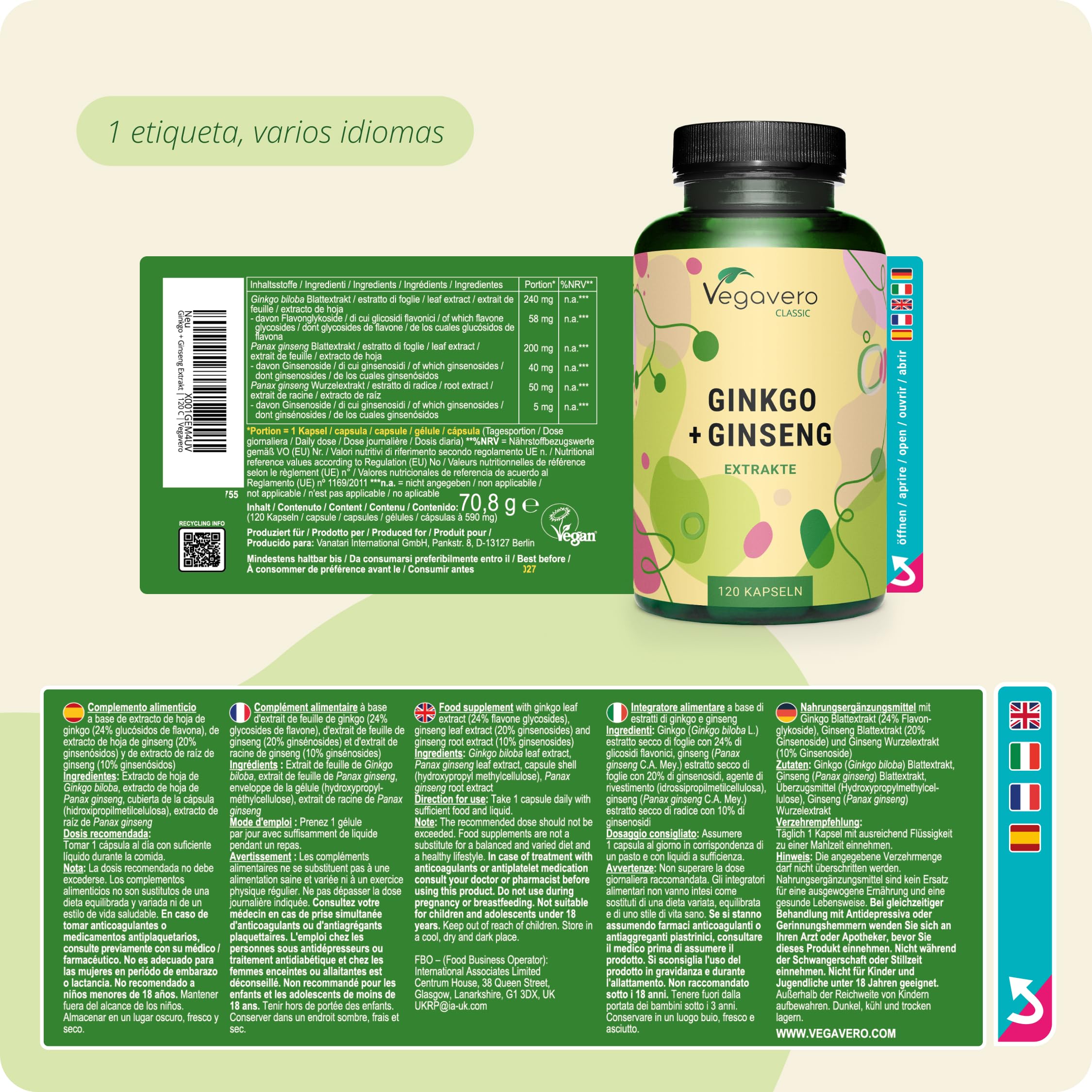 Ginkgo Biloba + Ginseng | 12.000 mg Máxima Dosificación | Circulación Sanguínea, Memoria, Concentración | Sin Aditivos | Probado en Laboratorio | Vegavero