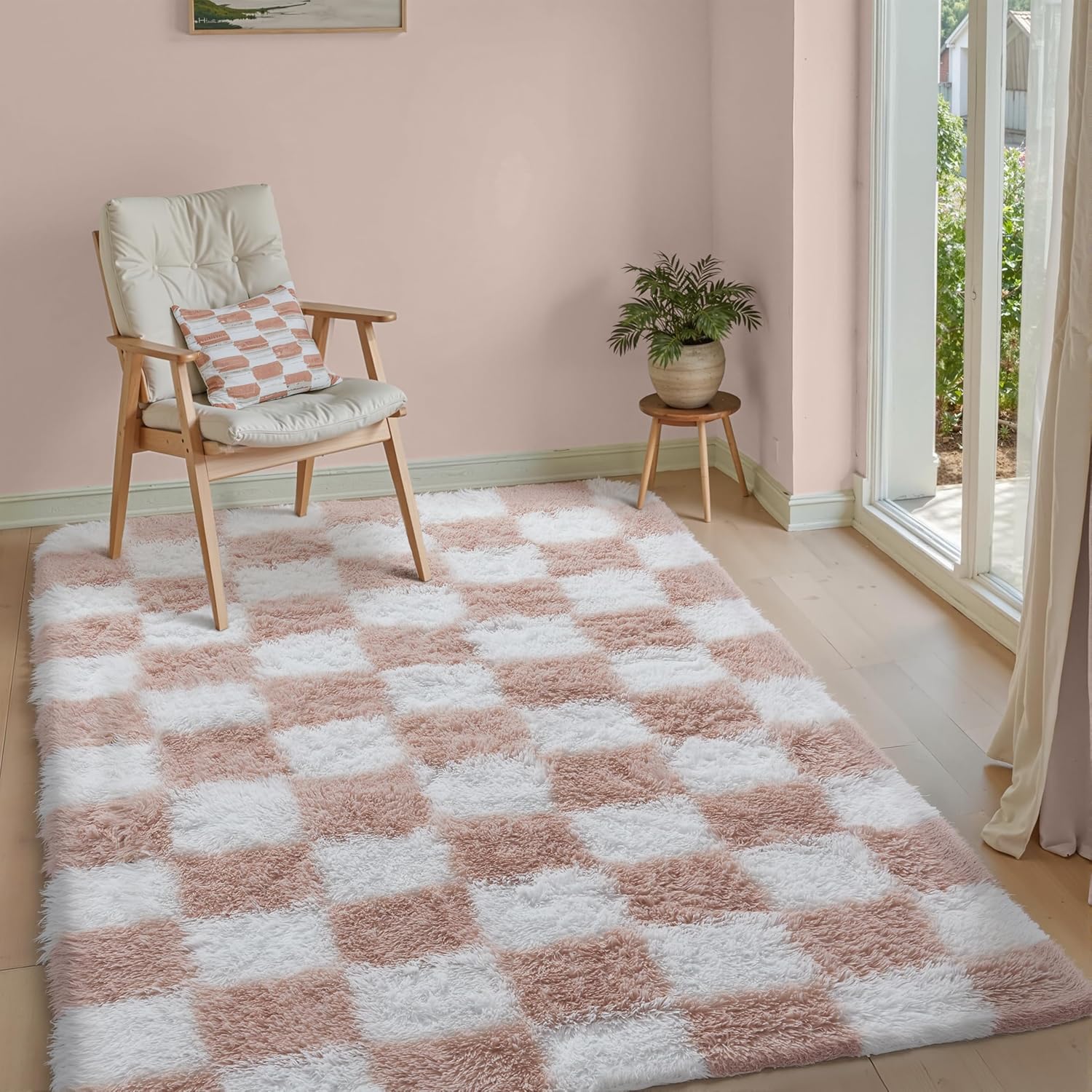 PureCozy Checkered Rug 2x6 for Living Room, Pink and White Modern Shag Rug Super Soft Washable Fluffy Rugs Indoor Office Fuzzy Carpet for Bedroom Home Dorm Aesthetic Decor 2' x 6' Pink&white