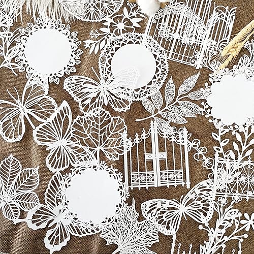 Paquete de suministros vintage para álbumes de recortes, 40 piezas de papel recortado de encaje, flores, hojas, mariposas, puertas, recortes