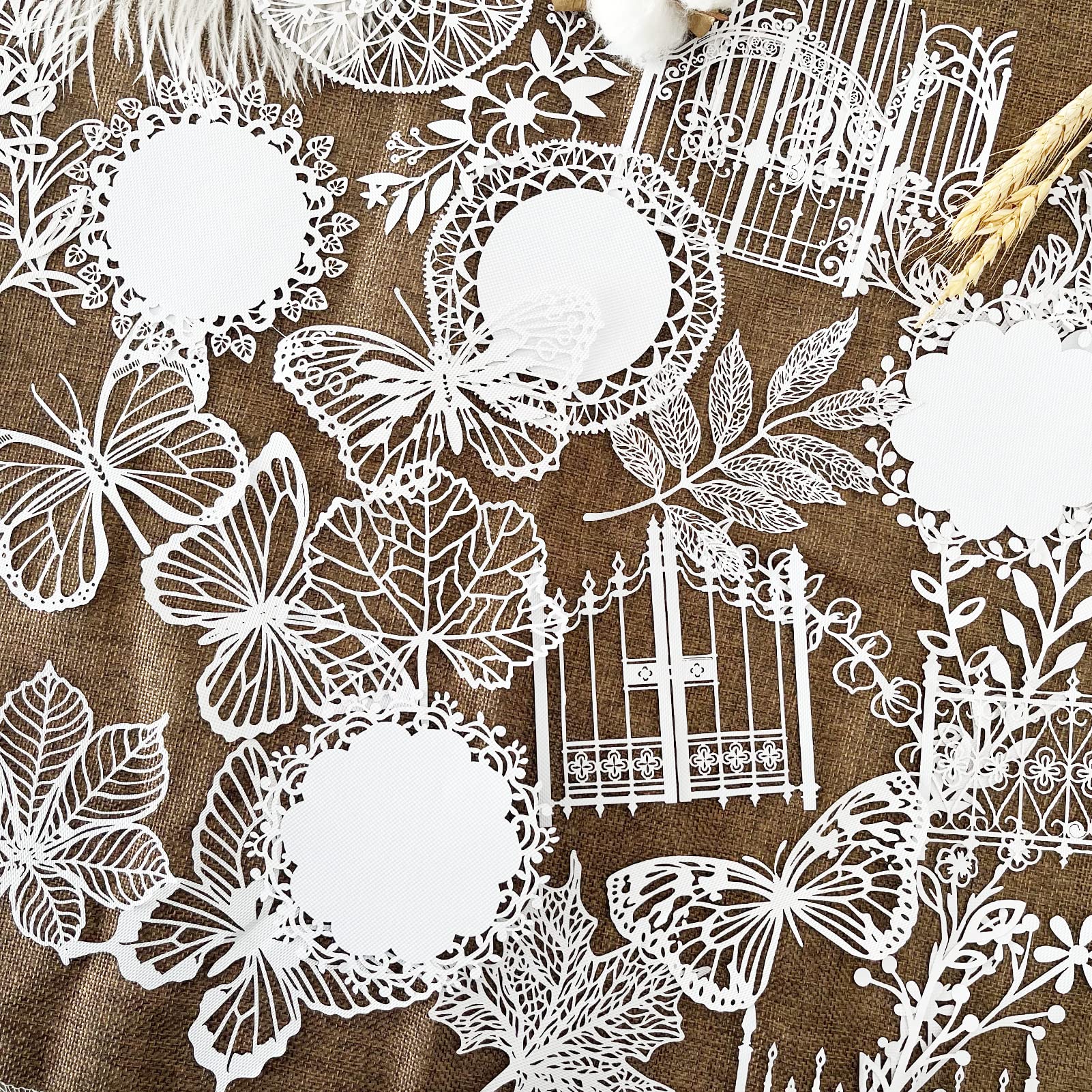 Vintage Scrapbooking Supplies Pack - 40 Pcs Cutout Art Lace Scrapbook Paper Flowers leaves, butterflies,doors, ,White Cutout Decorative DIY Craft Paper Stationery for Junk Bullet Journaling Supplies