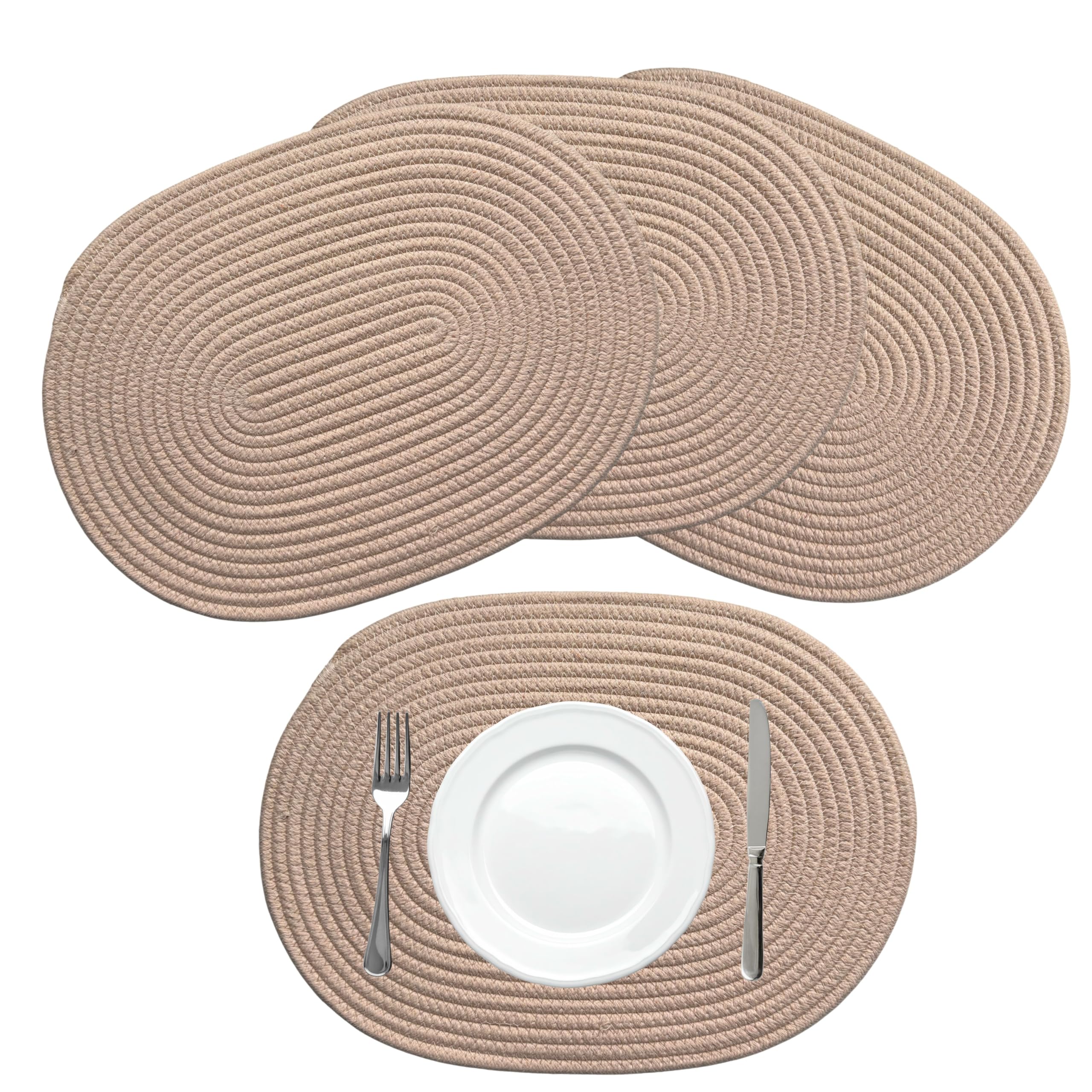 Breezy Nest Cotton Rope Oval Placemats 40 x 30 cm – Woven Table Mats for Dining Table – Neutral Kitchen Placemats Set – Modern Home Table Decor (4, Sand)