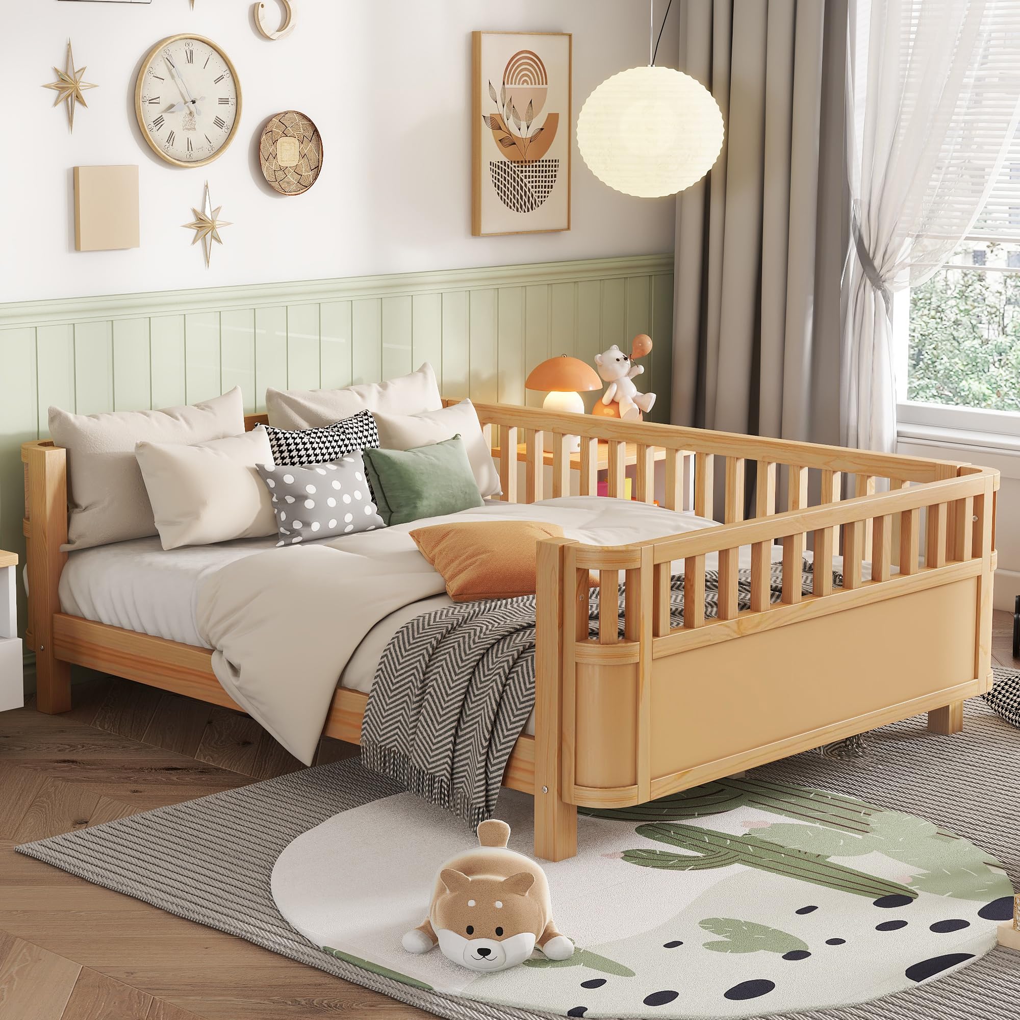 Full Size Kids Bed Frame, Low Profile Montessori Bed Full with Rails, Wood Daybed for Girls & Boys, No Spring Box Required, No Squeaks, Natural