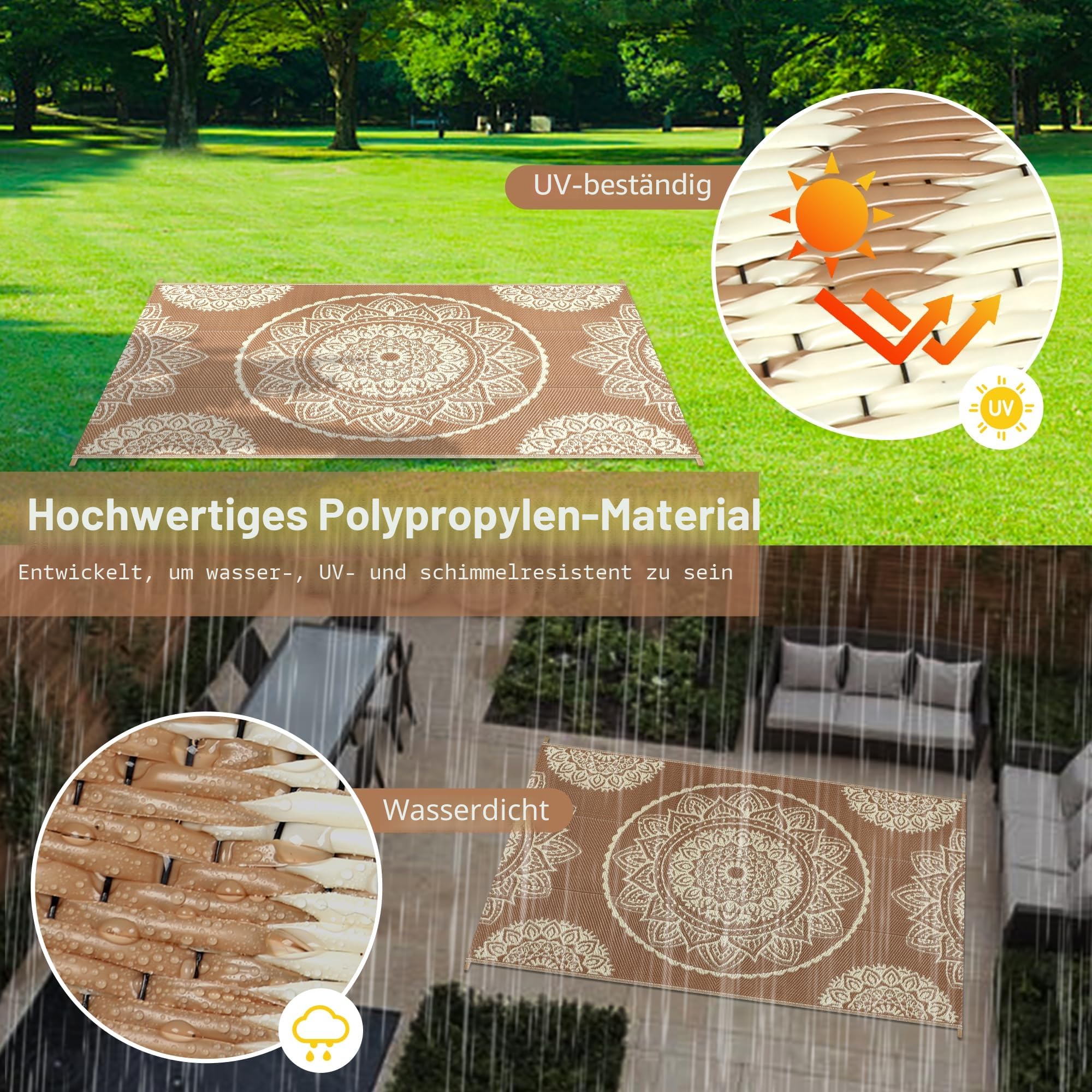Famibay Outdoor Teppich Wetterfest 150x245cm Reversible Camping Teppich Outdoor Wasserfest Beige Braun Kunststoff Wendbar Leicht Outdoorteppich für Terrasse Garten Balkon Camping Innen Außen