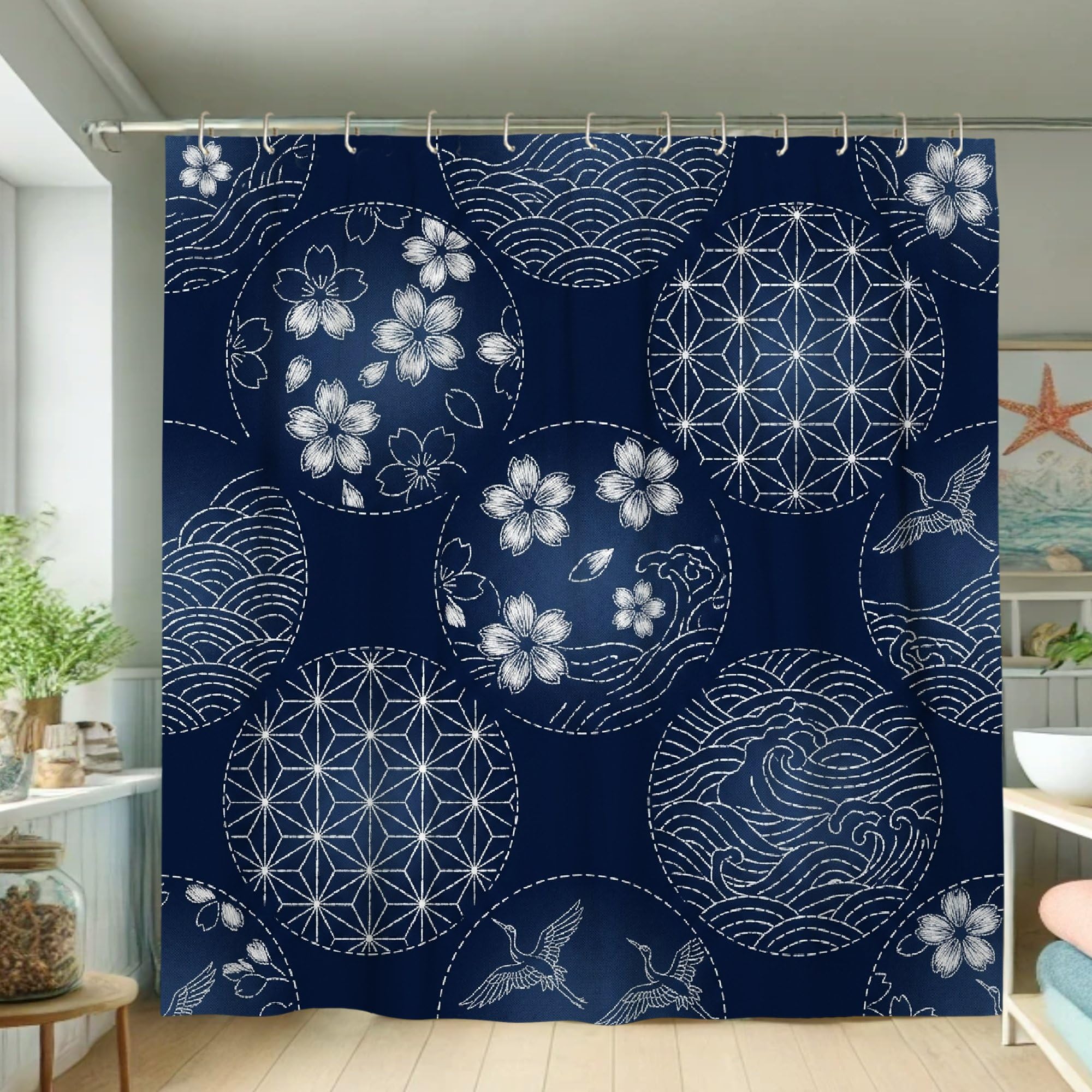 Rideau de douche fleurs de cerisier bleu marine lavable avec crochets 183x183