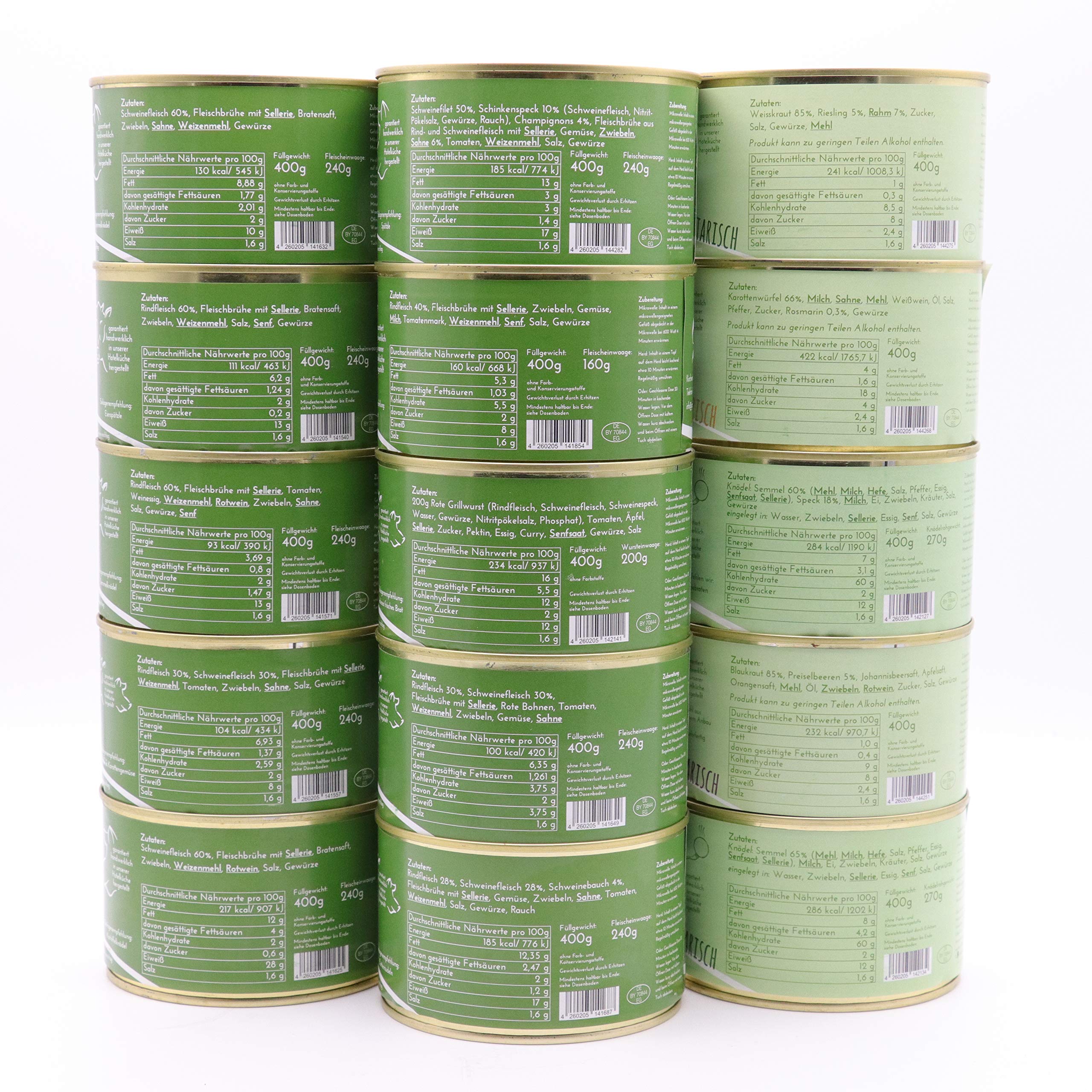 Diem Genießer-Rationspaket – 8 Tage / 8 Menüs (15 x 400 g Dosen) – Schweinebraten, Gulasch, Sauerbraten, Rinderbraten & mehr – Notvorrat, Camping, Outdoor – Hergestellt in Bayern, lange Haltbarkeit