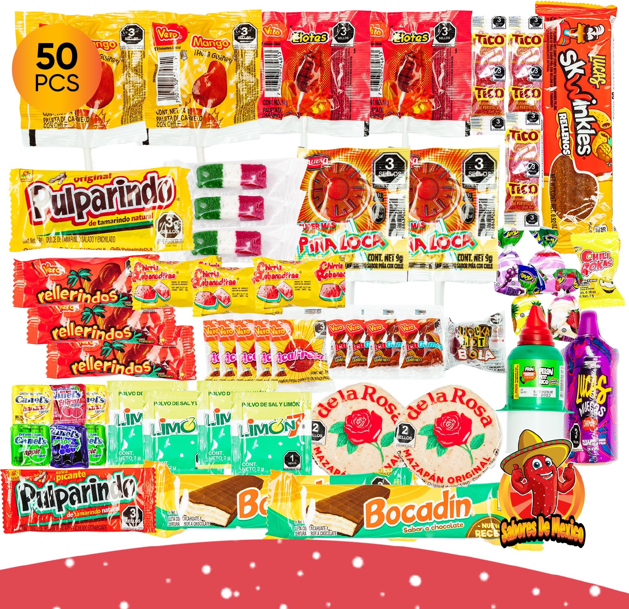 Mexican Candy Variety Pack (50 Count) Dulces Mexicanos, Mexican Snacks, with Vero Lollipops, Lucas Candy, Pulparindo Tamarindo, Mazapan, Spicy Dulce Mexico Assorted Mix, by Sabores de Mexico
