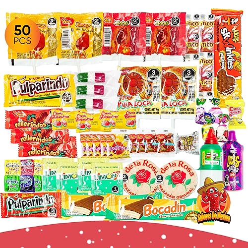 Mexican Candy Variety Pack (50 Count) Dulces Mexicanos, Mexican Snacks, with Vero Lollipops, Lucas Candy, Pulparindo Tamarindo, Mazapan, Spicy Dulce Mexico Assorted Mix, by Sabores de Mexico - 50 Pcs