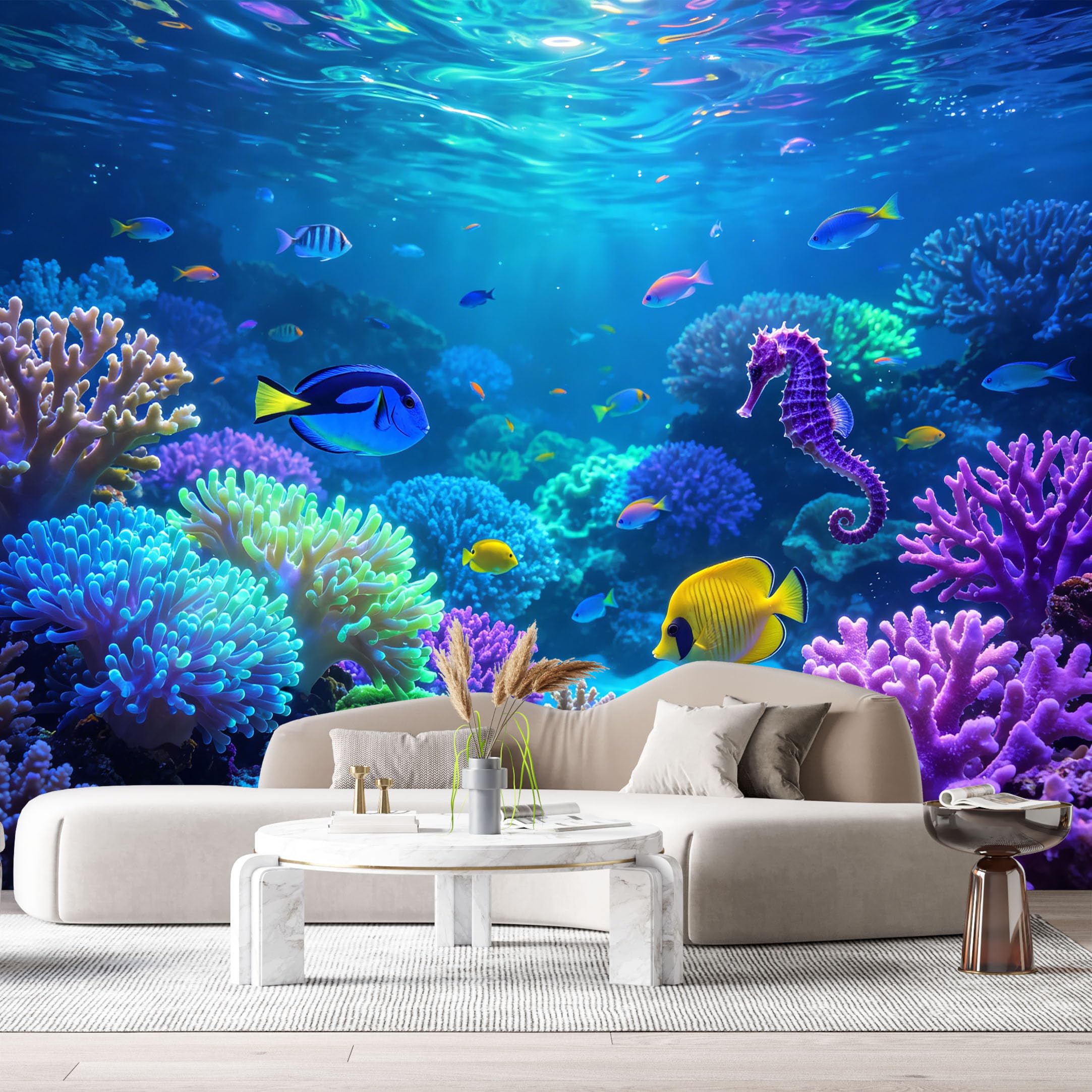 Custom Size Wall Murals Ocean Marine Tropical Coral Reef Seahorse Underwater World SelfAdhesiveWall Fabric Removable Wallpaper Wall Decor for Living Room Bedroom Bathroom