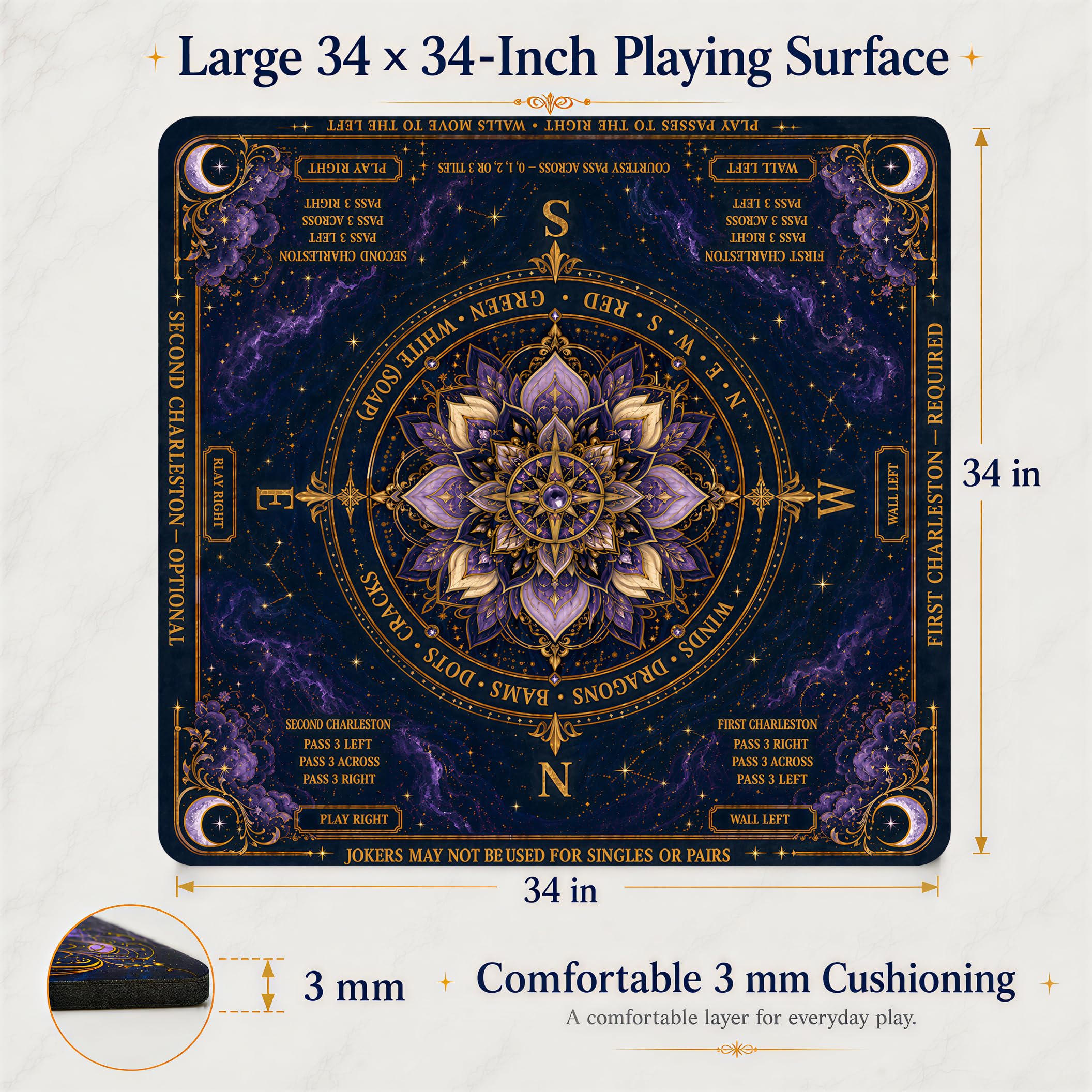Tapis de mahjong américain avec rappels Charleston et direction, 86,4 x | Tapis à trois couches de 3 mm : dessus en polyester, noyau en mousse de caoutchouc, base en caoutchouc naturel. Livré roulé
