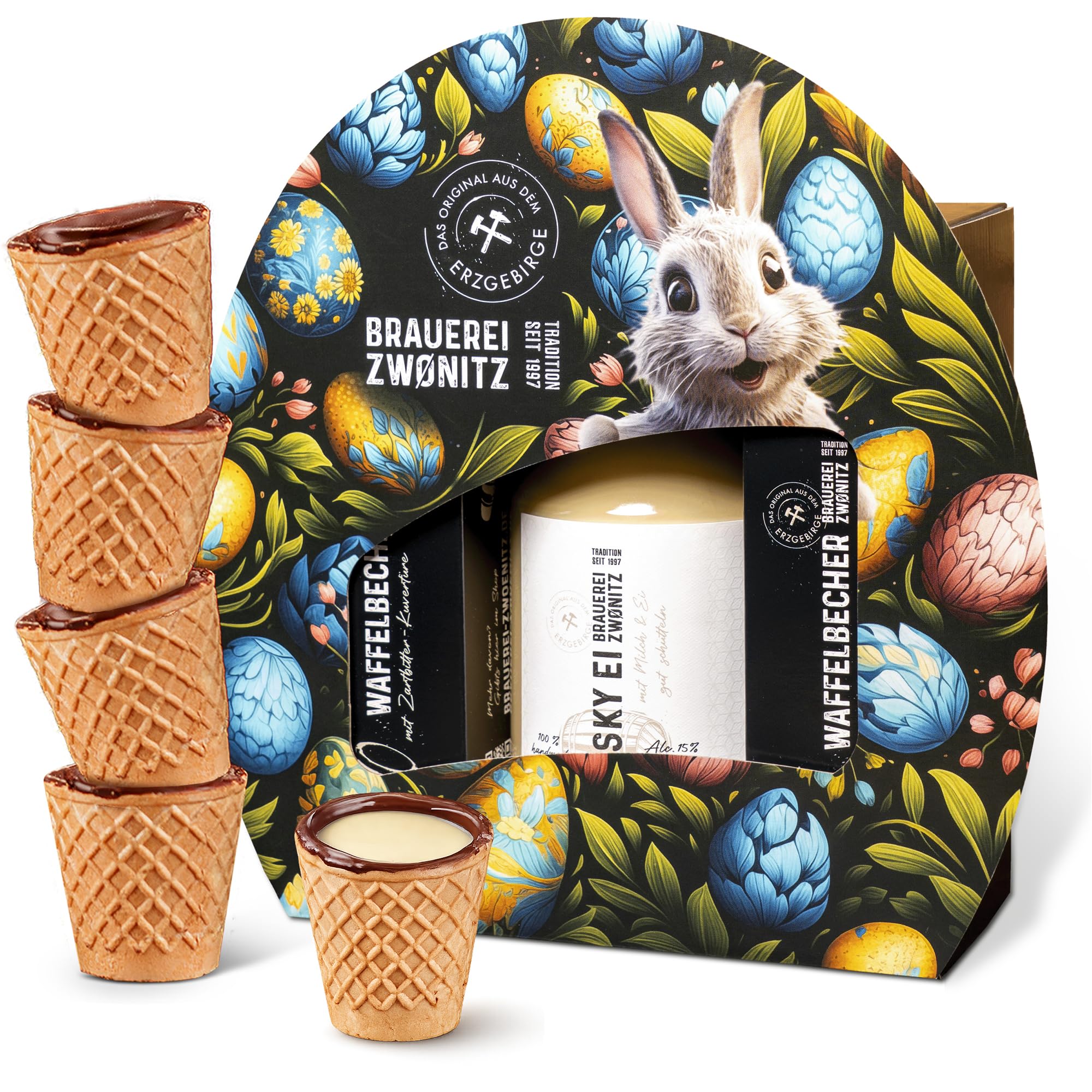 Brauerei Zwönitz Whiskey Eierlikör Geschenkset 0,5 l mit Schoko Waffelbechern 10 Stück - Sächsischer Whisky Likör und knusprige Waffelbecher mit Schokolade - Regionale Ostergeschenke für Erwachsene
