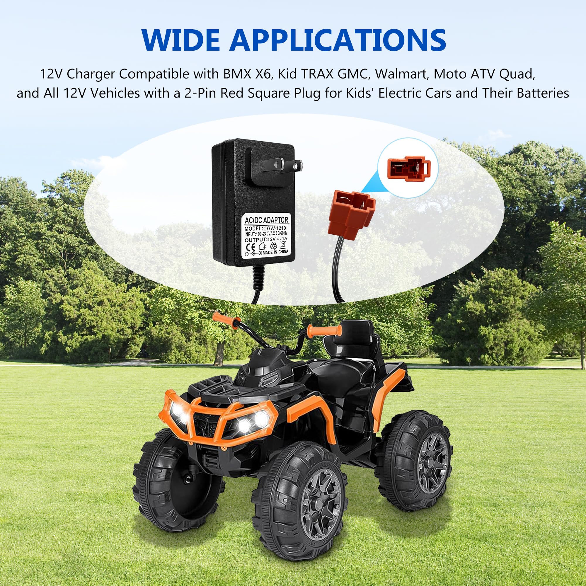 12v Battery Charger for Ride On Toys with Battery Wire Harness Connector, Fit for BMX X6, Kid TRAX GMC, Wal-Mart, Moto ATV Quad, Ride ATV Power Wheel Battery, 12 Volt Charger Square Plug SL12-07-02