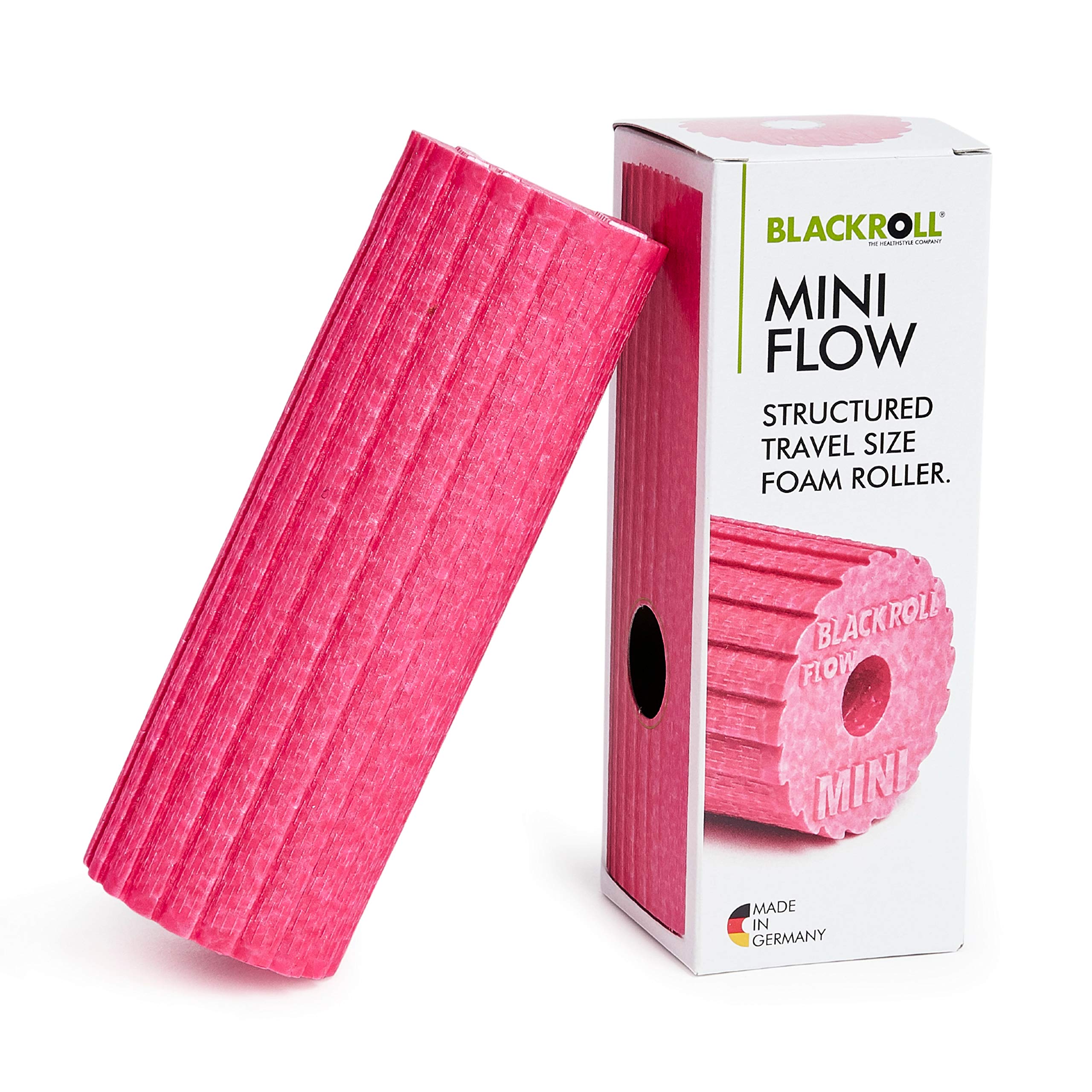BLACKROLL® MINI Flow Fascia Roller (15 x 5 cm), Small Fitness Roller with Ribbed Surface, Handy Massage Roller for Travel, Office or Gym, Medium Hardness, Made in Germany, Pink