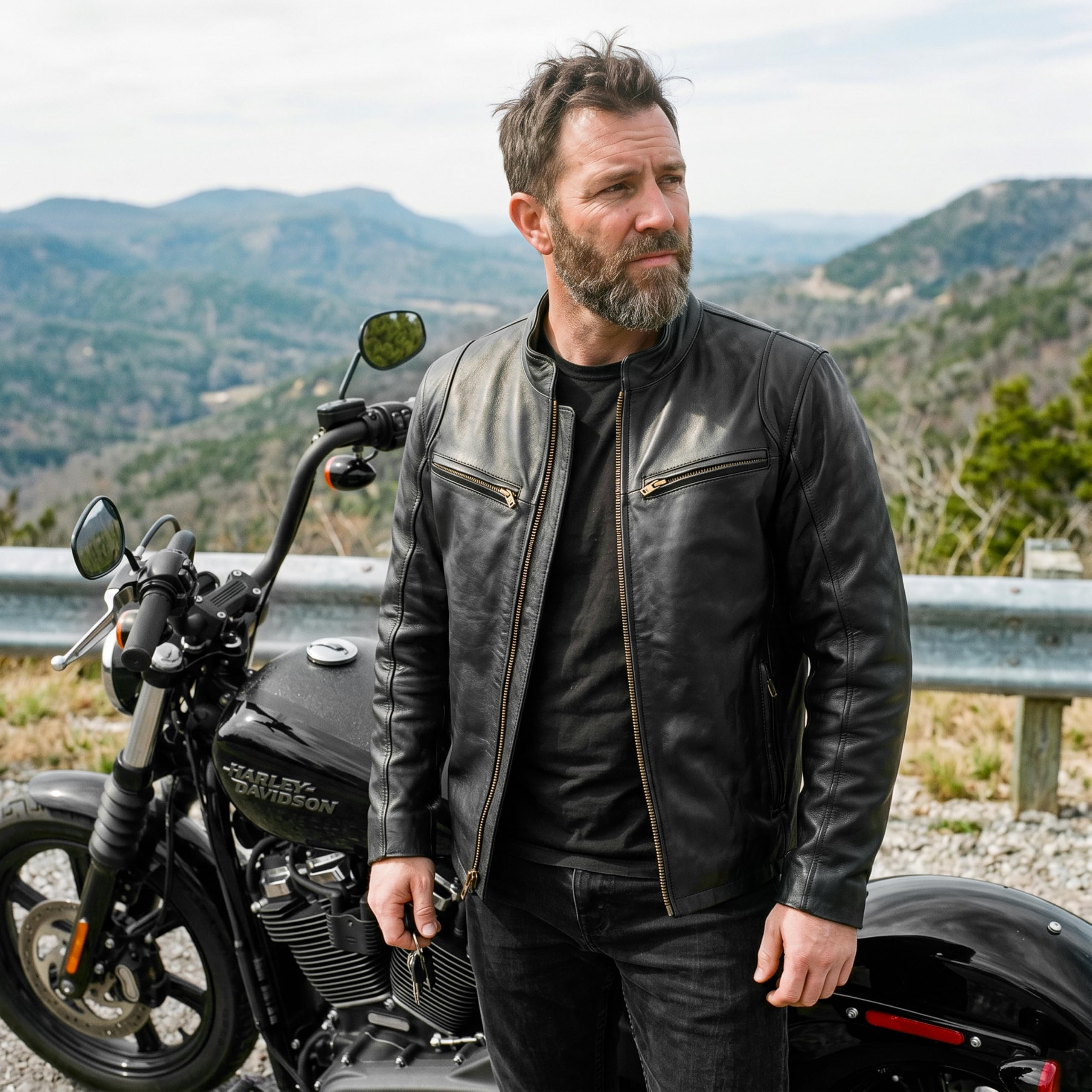 Leatherick Męska skórzana kurtka motocyklowa - Czarna kurtka motocyklowa w stylu Hooper z owczą skórą z wieloma kieszeniami