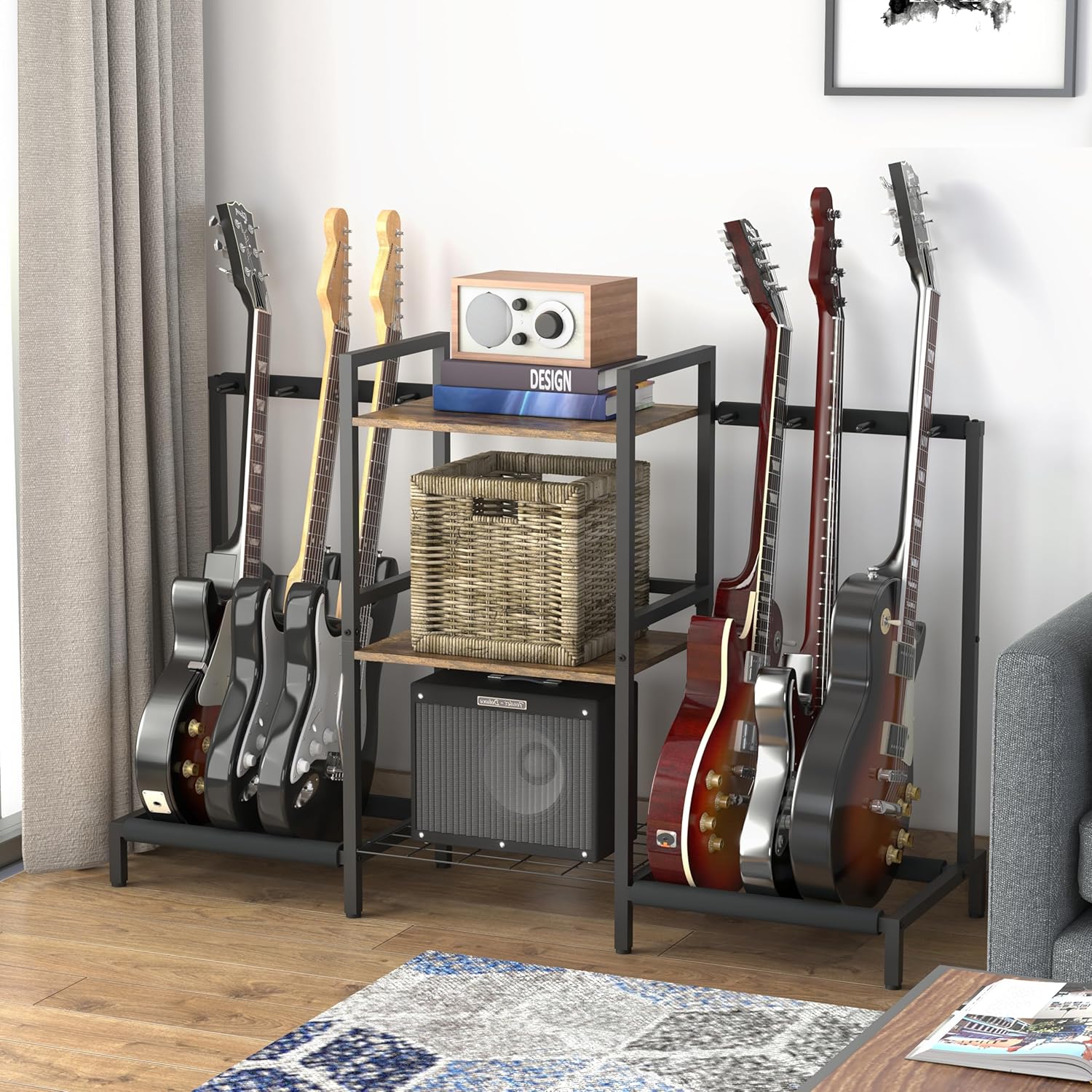 Usinso 6 Space Multi Guitar Rack for Acoustic, Electric, Bass, Ukuleles & Amp Accessories - 29'H Back Rack Guitar Display for Home Music Studio