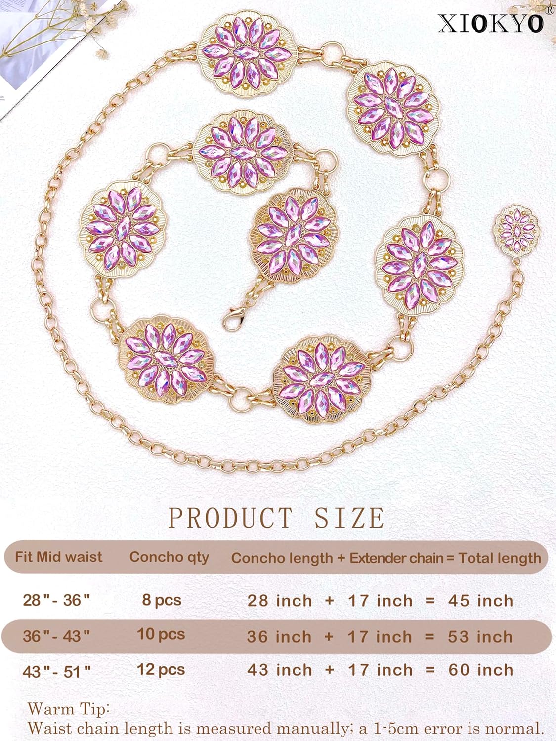 Bling Rhinestone Concho Belt Gold Metal Western Pink Crystal Chain Belt Sparkly Waist Chain for Women Dress - Image 2