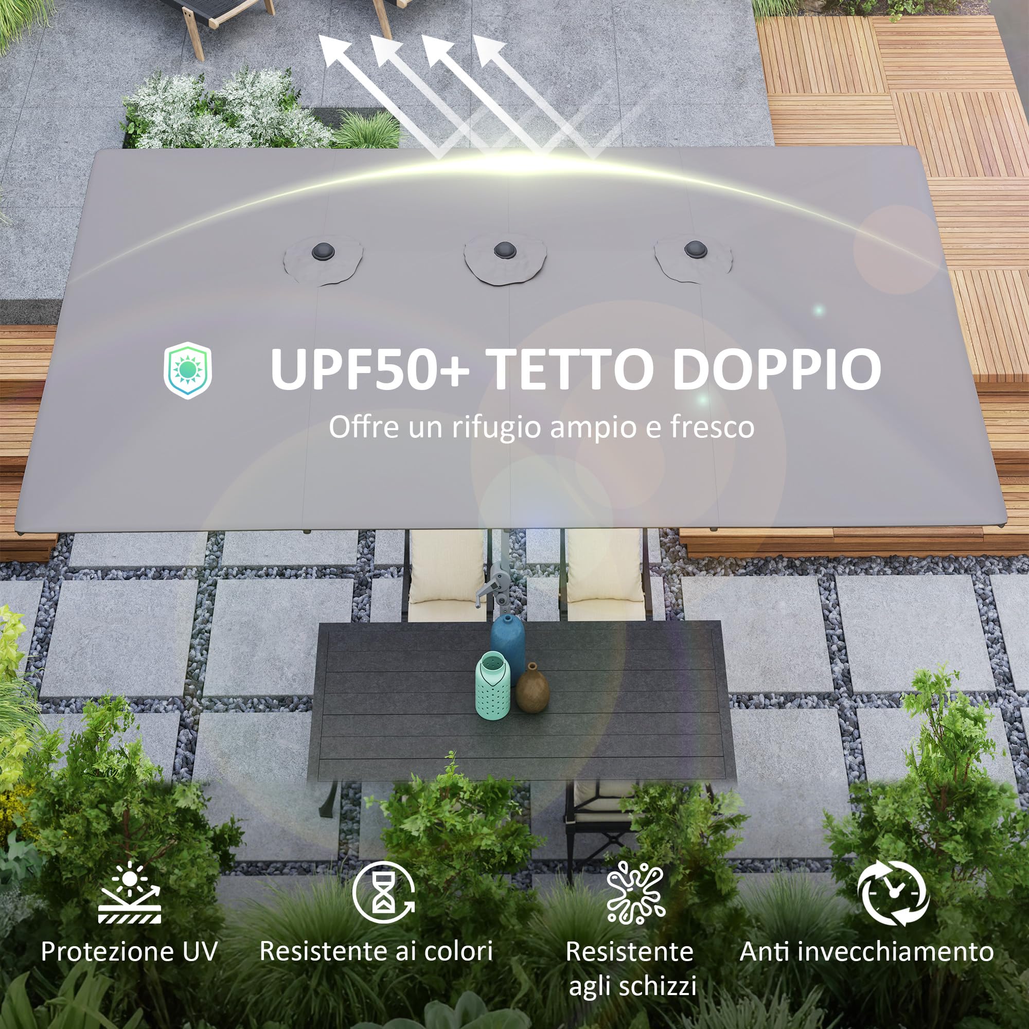 Outsunny Ombrellone da Giardino Doppio 4.5x2.6 m Anti UV50+ Grigio Scuro | Con Manovella, Ombrellone per Esterno, 12 Stecche, Alluminio, Poliestere 200g/㎡, per Cortile, Terrazza