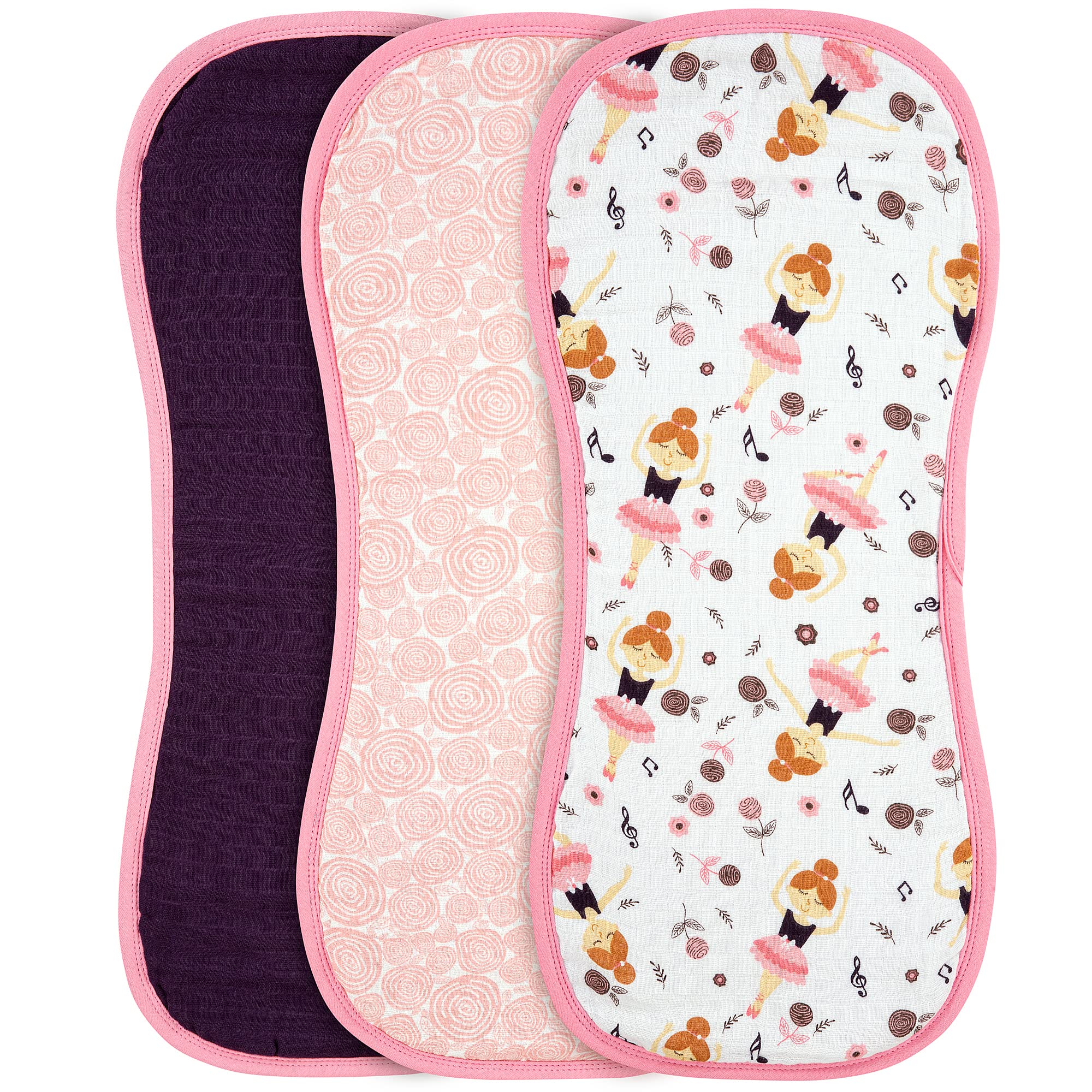 DREAMS & DIMPLES 3 Pack Muslin Burp Cloths - One Side Muslin, One Side Towel, Gender Neutral Colors, 3 Layered Muslin Burp Rags, Large Wide Shoulder, Absorbent and Soft Burping Cloths (Love to Dance)