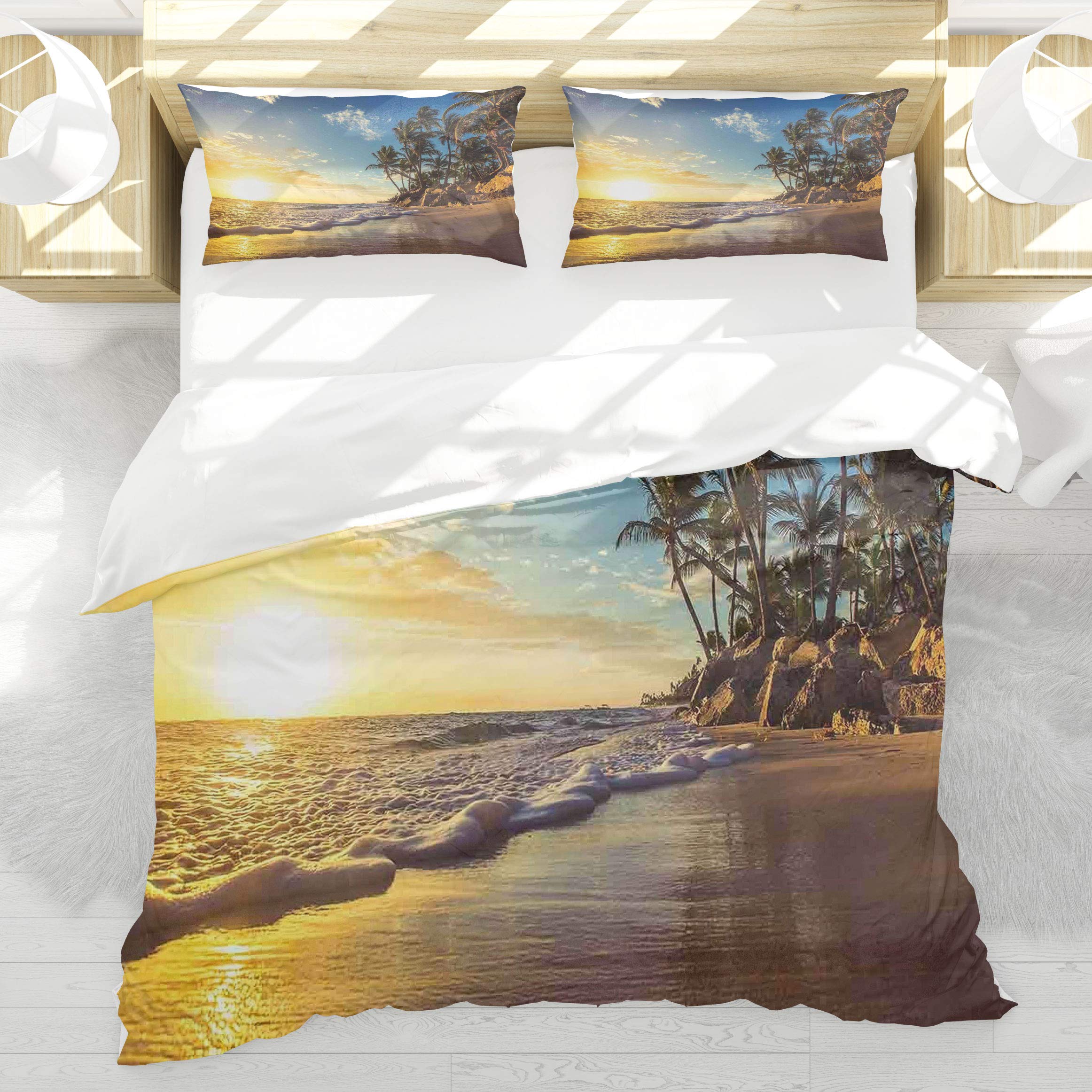 Housse de couette océan palmiers 140x200 parure lit coucher soleil 3 pièces