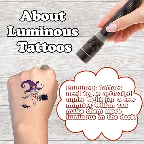 Miniatura 6 de Partywind Decoraciones de fiesta de Halloween brillantes, calcomanías luminosas de Halloween para niños, tatuajes temporales para suministros de