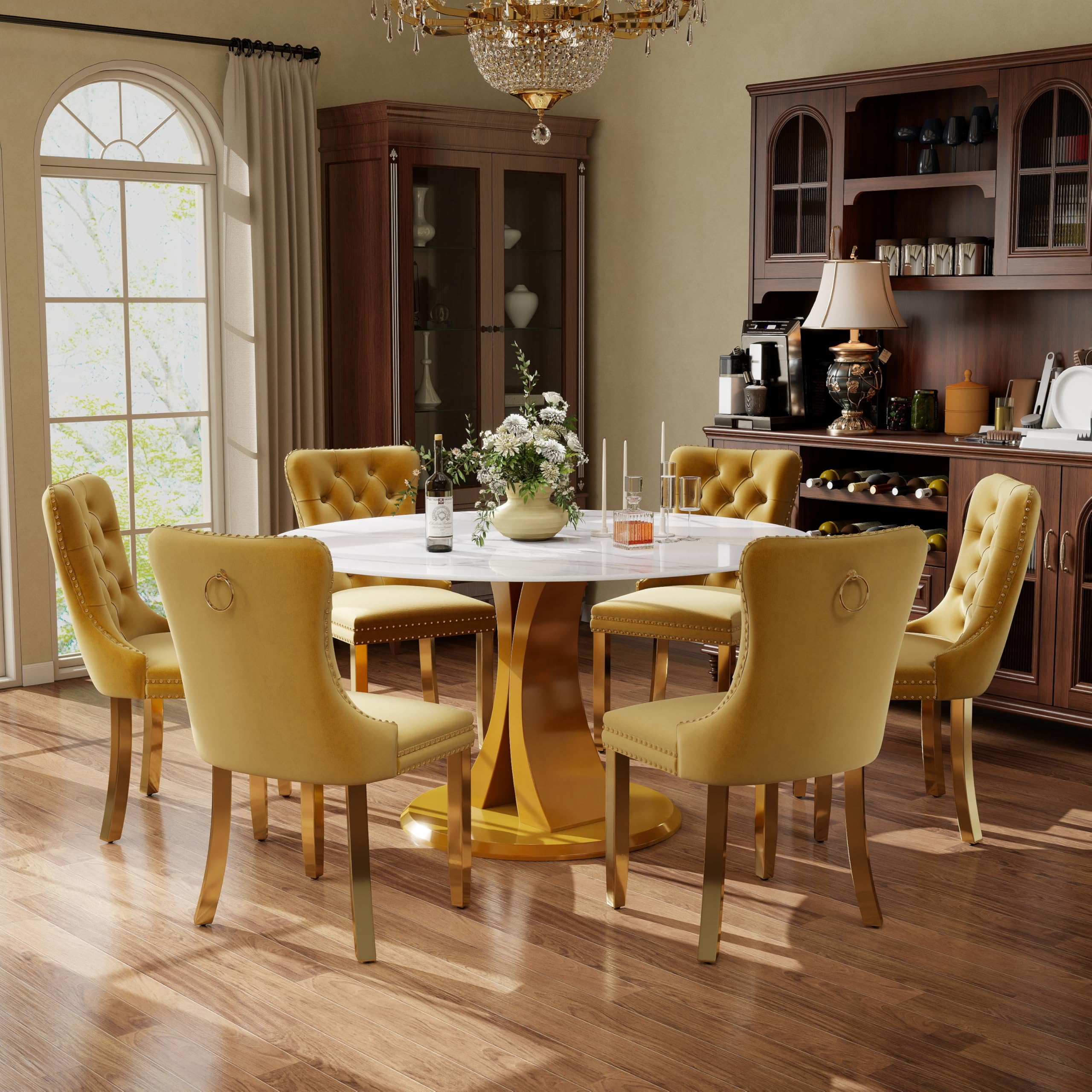 7-Piece Dining Table Set with 47In Faux Marble Table and 6 Velvet Upholstered Chairs, Modern Scandinavian Furniture for Dining Room Kitchen(Yellow&amp;Gold)