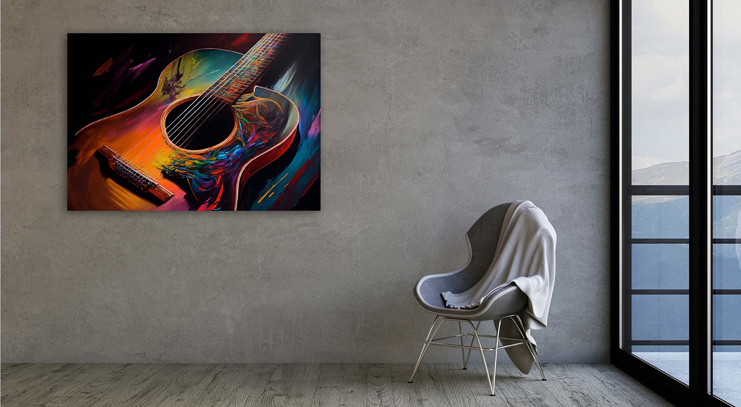 PRINTONIA Quadro su tela 120 x 80 cm chitarra acustica classica corde musica suono concerto astratto colori arte neon graffiti