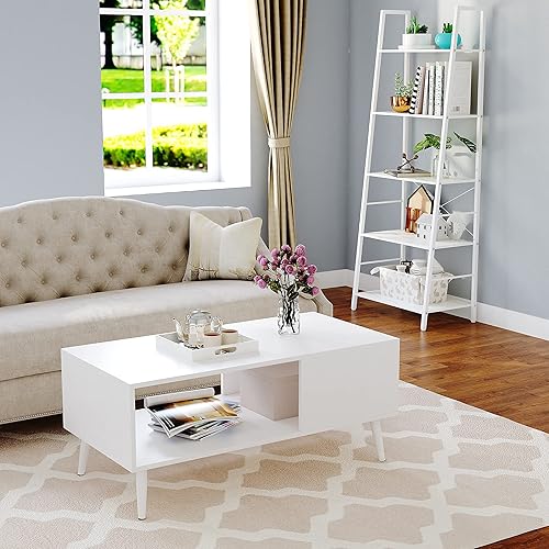 Miniatura 5 de Yusong Mesa de centro moderna de madera para sala de estar, mesas centrales retro de mediados de siglo, mesa de cóctel con estante de almacenamiento