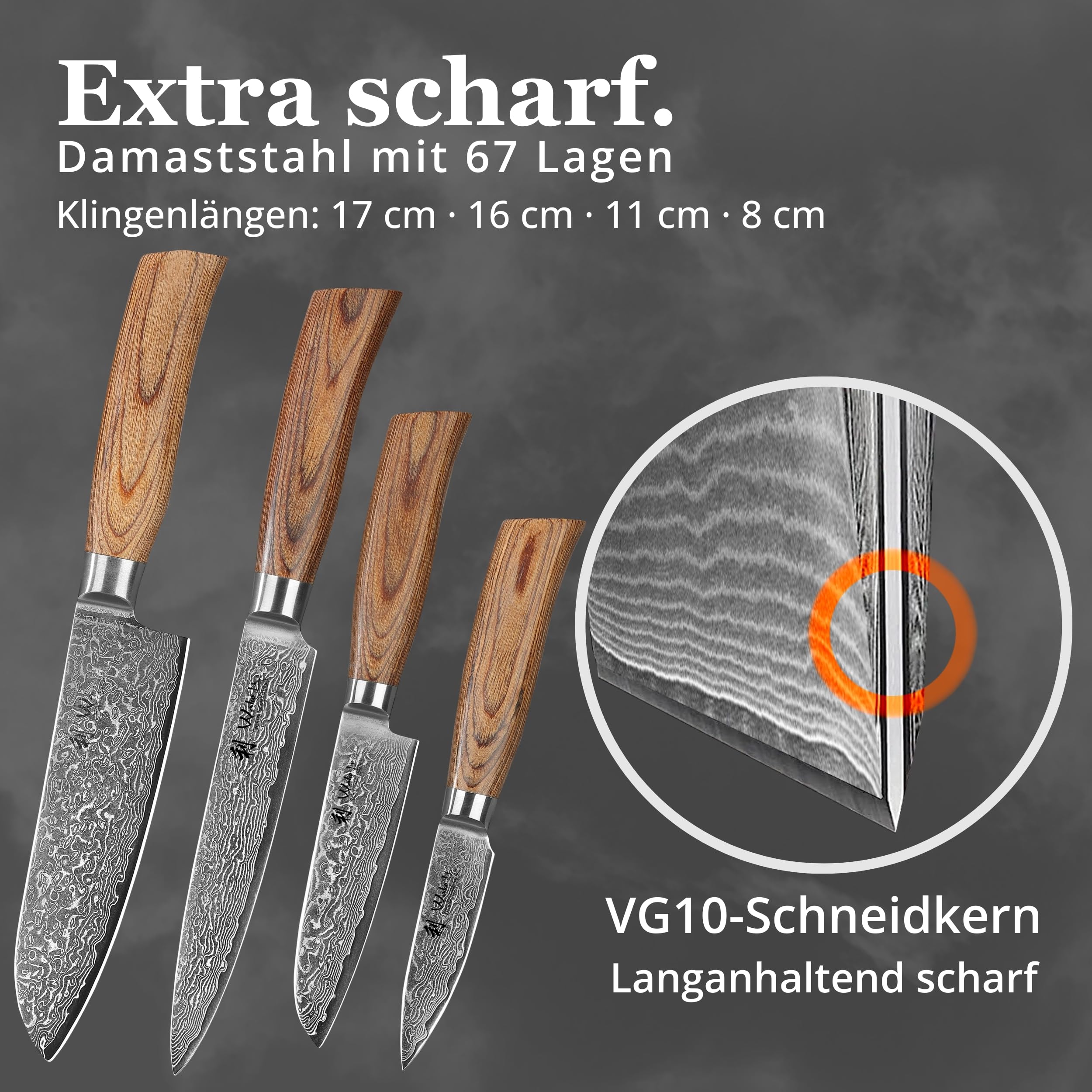 Wakoli EDIB Pro 4-teiliges Messerset aus 67 Lagen Damaststahl mit VG10 Kern | Fleischmesser, Santoku, kleines Santoku und Officemesser; Pakkaholzgriffe, Holzbox, 60 ± 2 HRC, für Fleisch, Fisch und Gemüse