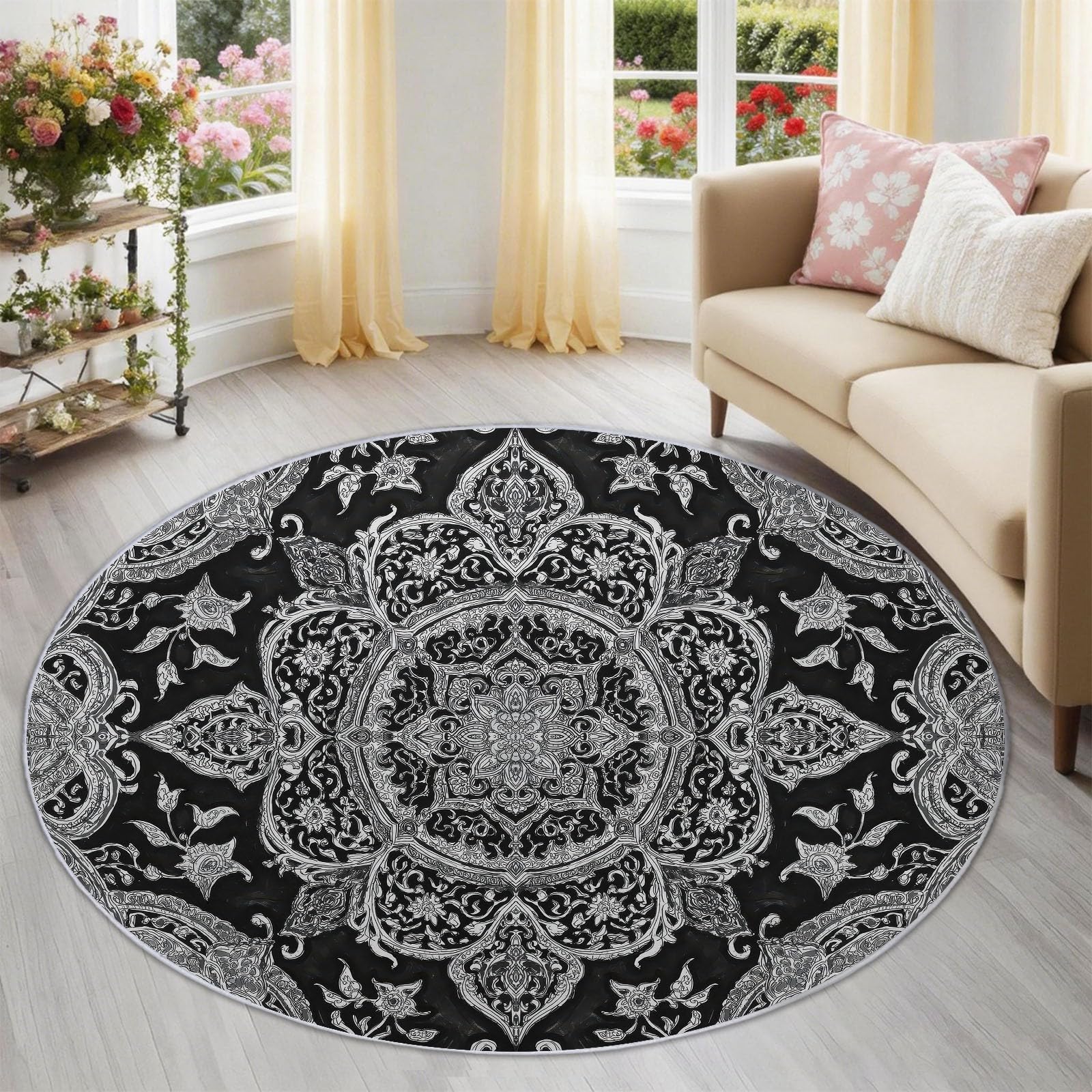 Tapis rond noir 90 cm aux motifs rétro pour la décoration de chambre