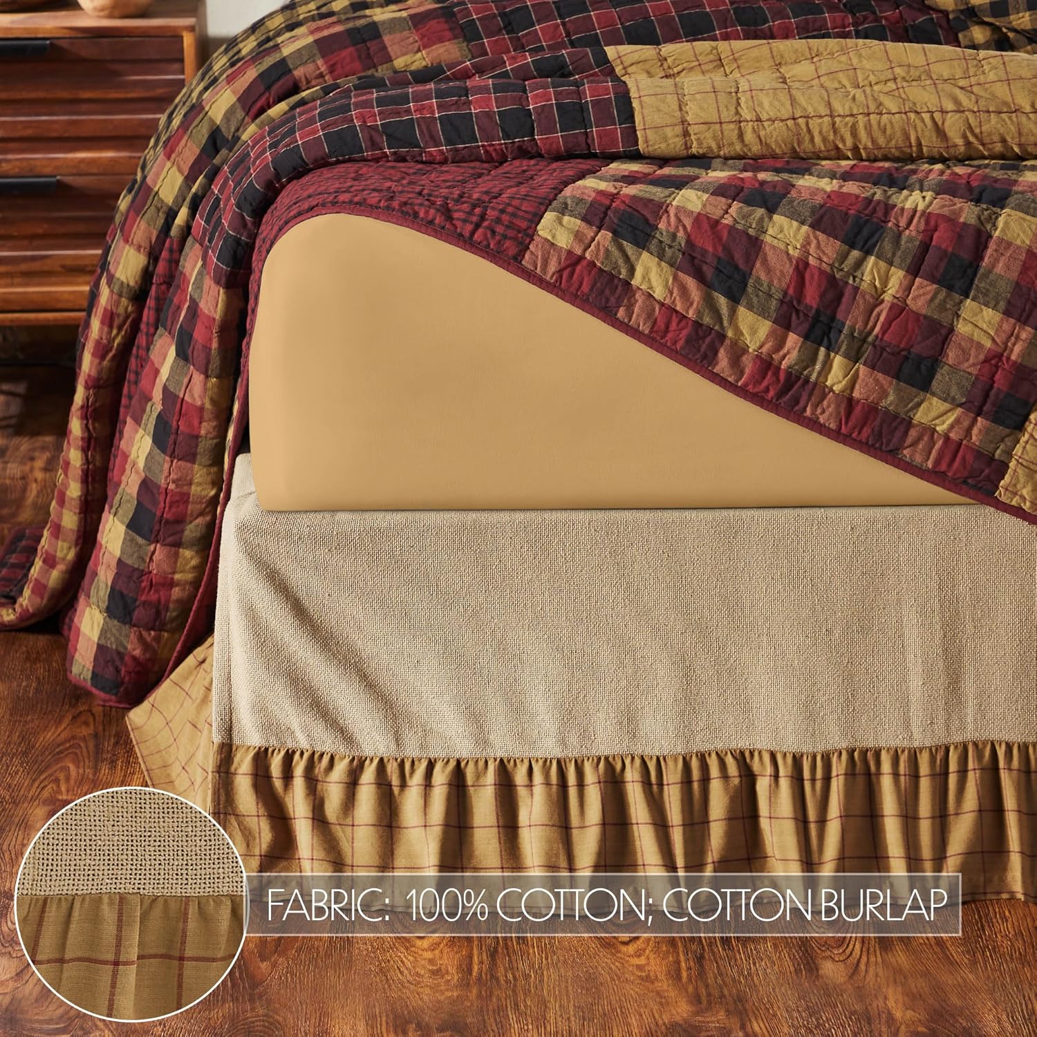 VHC Brands Connell Rustic Farmhouse Burlap Windowpane Plaid Ruffled Queen Bed Skirt Burgundy Tan 68x80x16