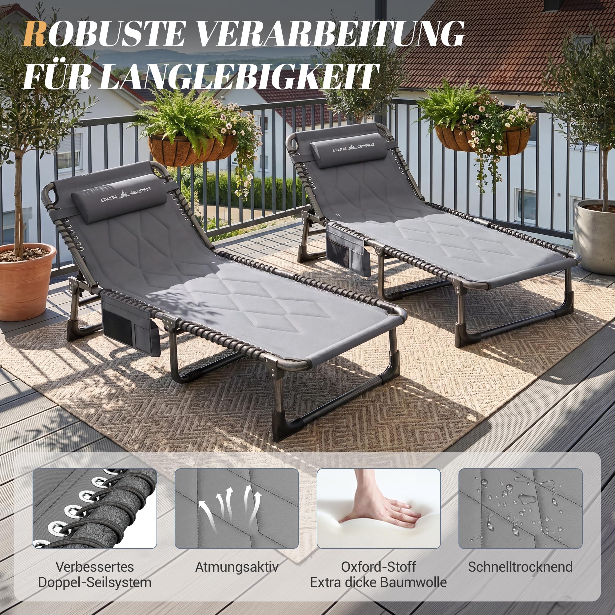 UDPATIO Camping Betten Feldbetten Klappbar, Liegestuhl Mit Auflage Polster, Gartenliege mit Verstellbarer Rückenlehne, Strandliege Campingliege für Outdoor Camping Grau
