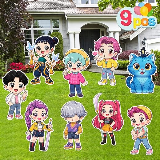 Demon Hunters Birthday Decorations, 9PCS Yard Signs with Stakes, Outdoor Lawn Party Decor, Yard Signs for Boys Girls Kpop Party Supplies