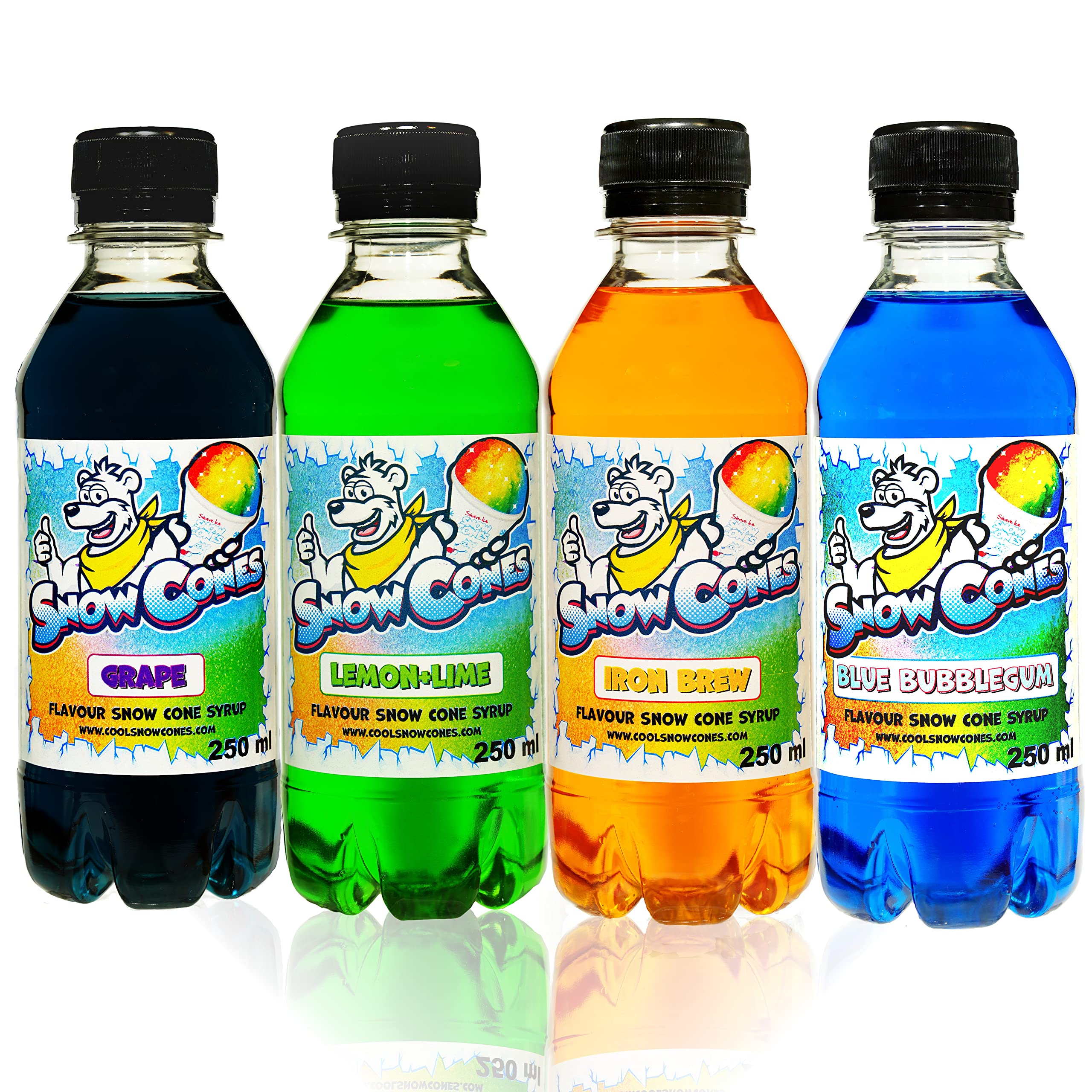 Snow Cones Syrup | Slush Syrup - 4 x 250ml Bottles - The Unicorn Pack - Compatible with All Slush Puppie|Slush|Slushie Machines – Includes FREE Snowy the Bear sticker pack