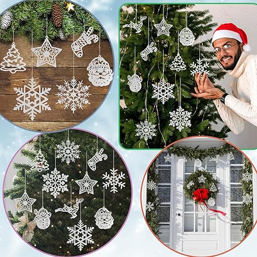 Miniatura 7 de CCINEE 40 adornos navideños de copos de nieve con purpurina plateada, adornos colgantes surtidos de Navidad para árbol de Navidad, invierno, país de