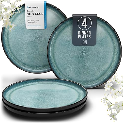 Stoneware Dinner Plates Set of 4, Modern Style 10.2" Ceramic Plates With Lipped Edges, Dishwasher, Microwave Safe, Kitchen Plates - Petrol Blue, Large