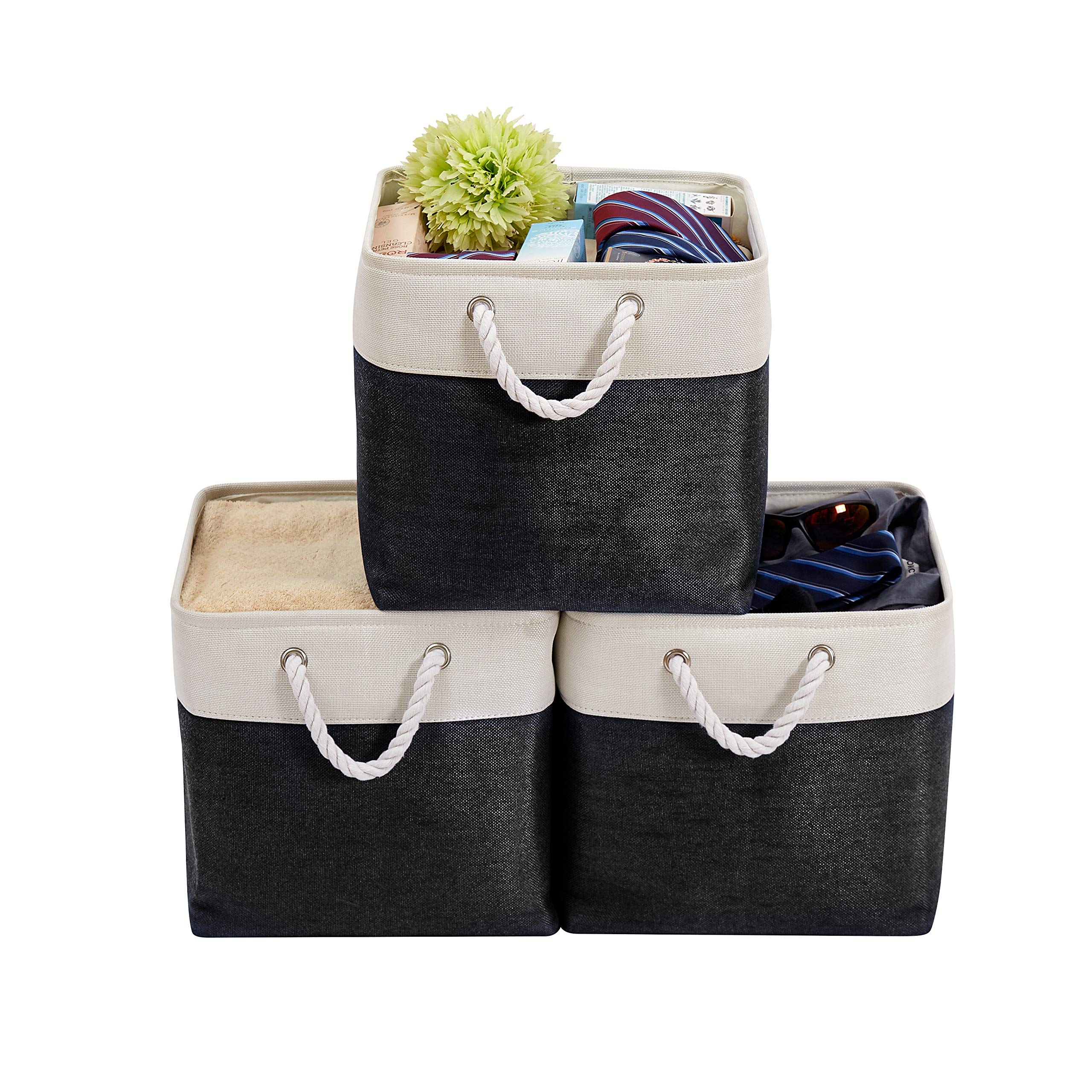 DECOMOMO Storage Baskets | Storage Boxes Fabric Organiser Storage for Wardrobe, Toys, Shelves, Office, Home & Nursery (Large Grey and White 15 x 11 x 9.5 – Set of 3) — view 30
