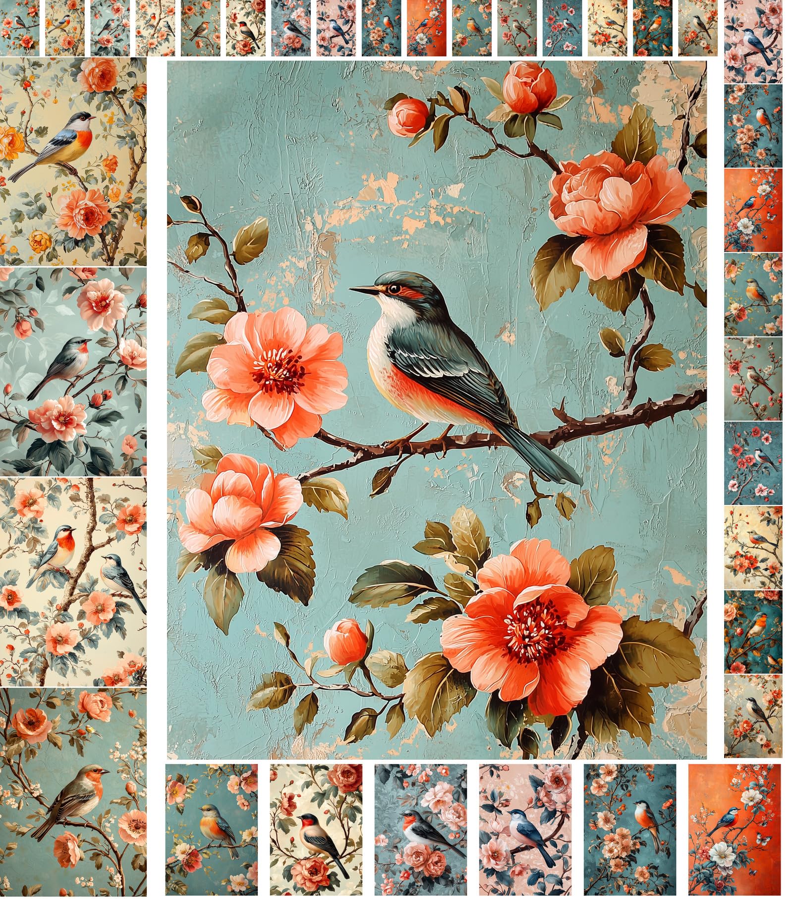 Papel de decoupage para manualidades con pájaros vintage y flores de 15 x 20 cm