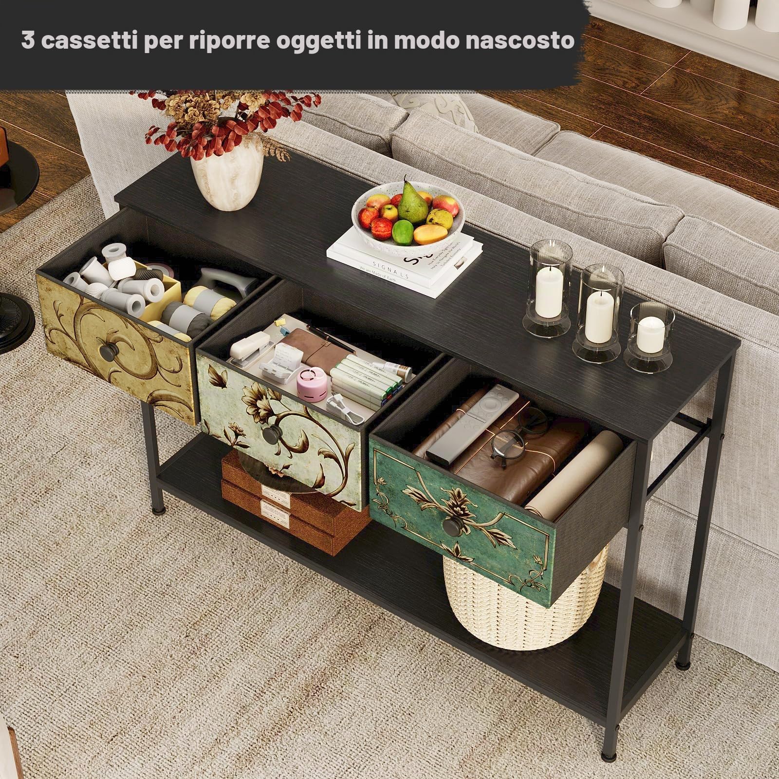 VEDECASA - Tavolo consolle con 3 cassetti in tessuto, tavolo d'ingresso con ripiani aperti, tavolo per ingresso, soggiorno, camera da letto, legno con struttura in metallo, montaggio semplice