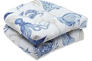 Pillow Perfect Outdoor/Indoor Sealife Marine Tufted Seat Cushions (Round back) in Blue Sea and Coral