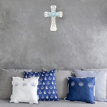 AMAJY Coastal Nautical Spiritual Wall Cross with Starfish, Coral, and Sea Shell Design, Beach House Decor, White Resin Religious Wall Art, Decorative Gift for Ocean Lovers and Coastal-Themed Homes